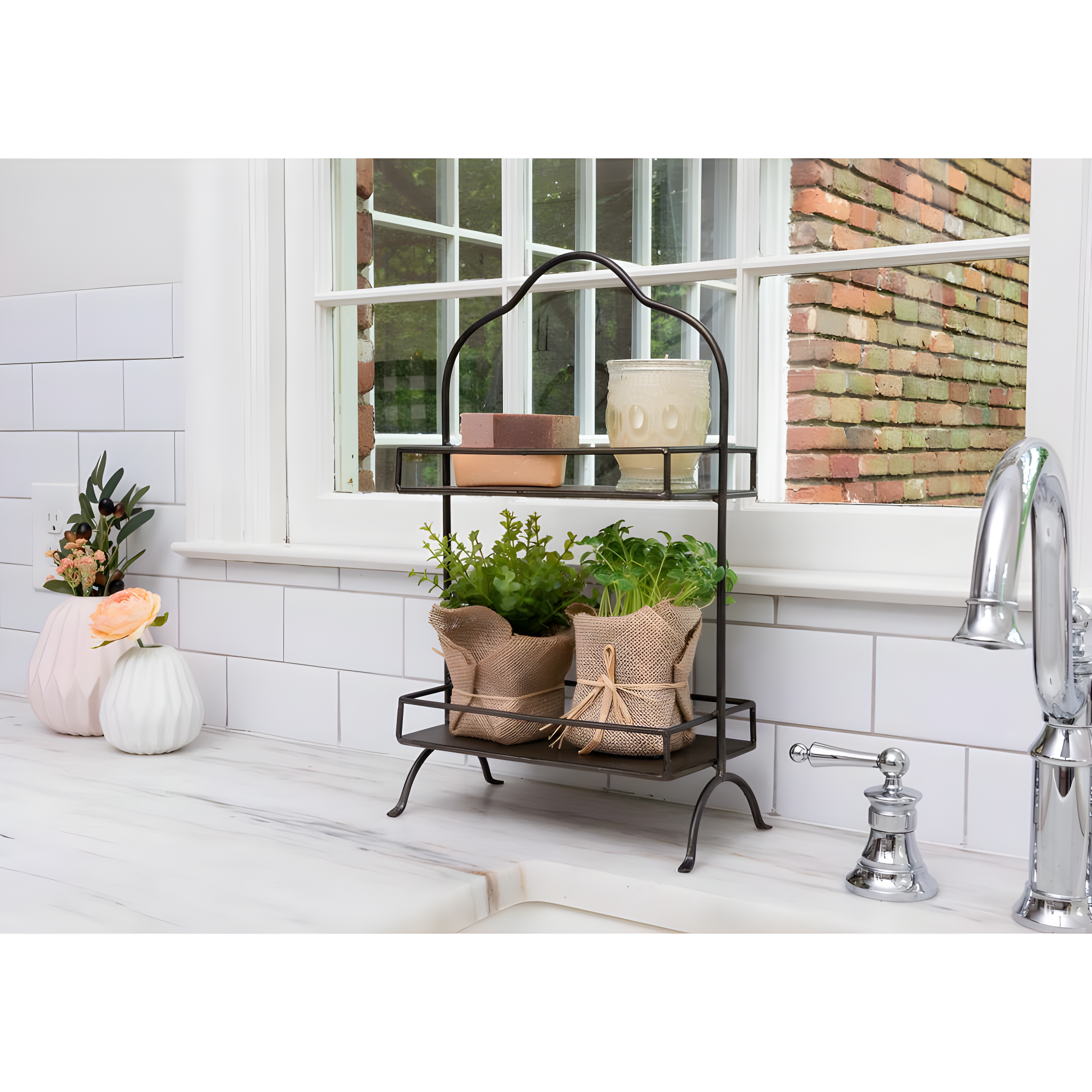 Metal 2 Tier Tray - Storied Home: Decorative, Space-Saving Organizer, Black Wire Sides