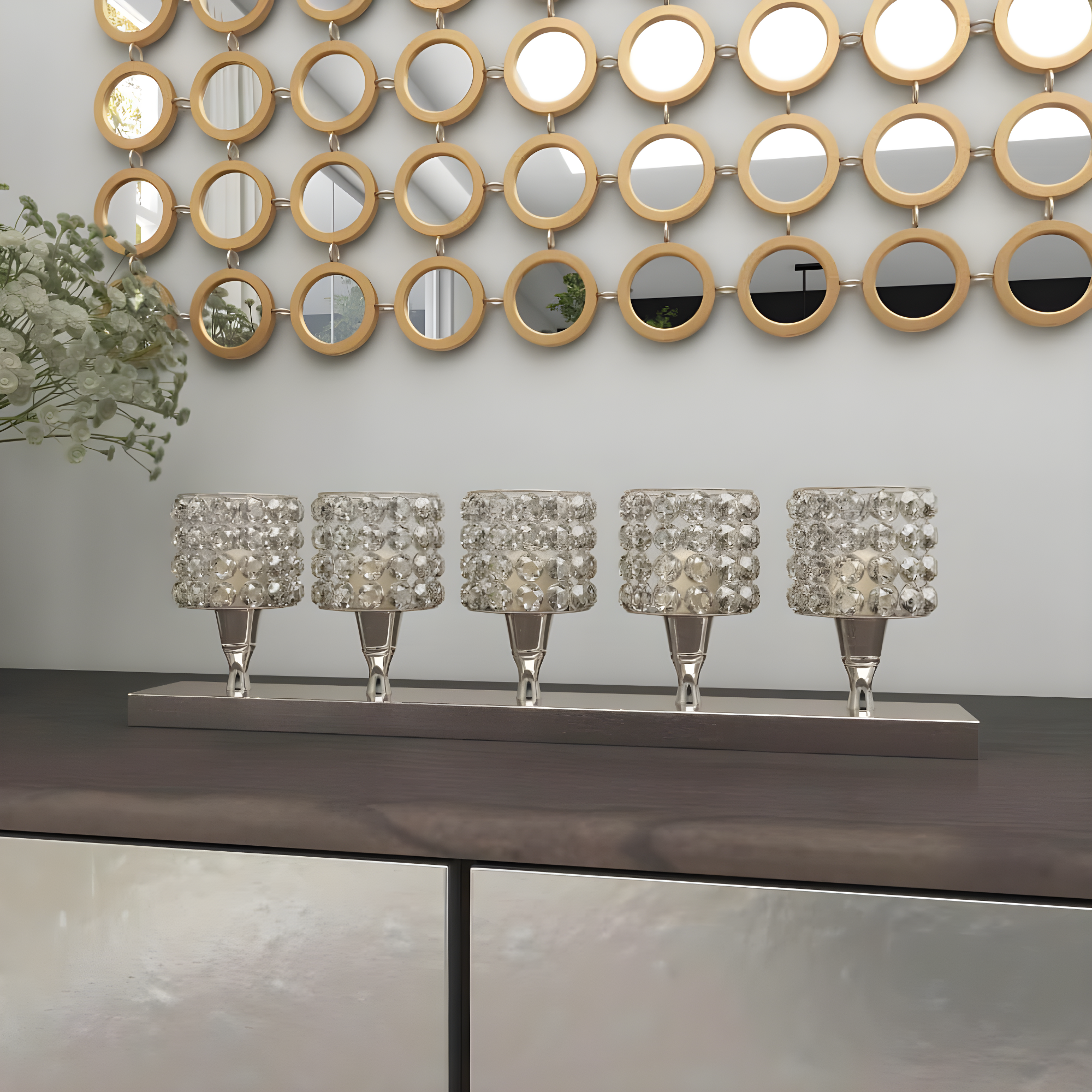 House of Hampton® Aluminum Metal Pillar 5 Crystal Sleeve Decorative Silver Candelabra