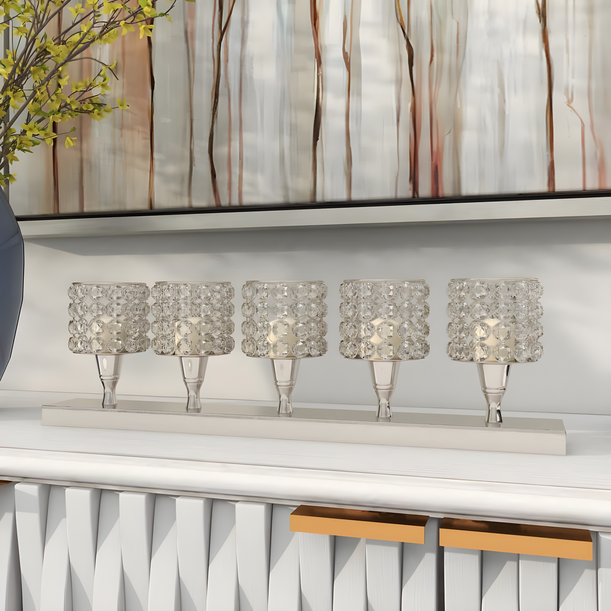 House of Hampton® Aluminum Metal Pillar 5 Crystal Sleeve Decorative Silver Candelabra