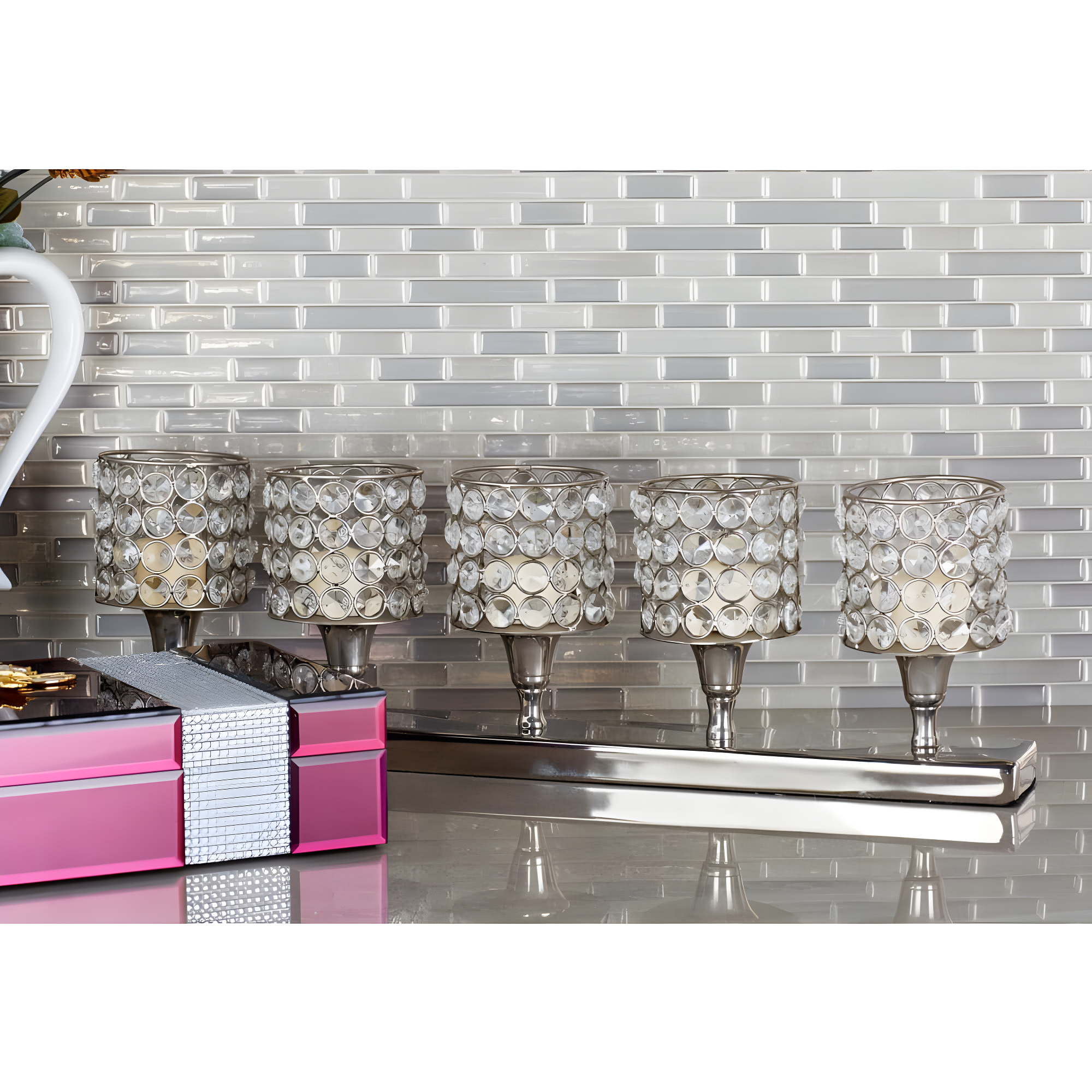 House of Hampton® Aluminum Metal Pillar 5 Crystal Sleeve Decorative Silver Candelabra