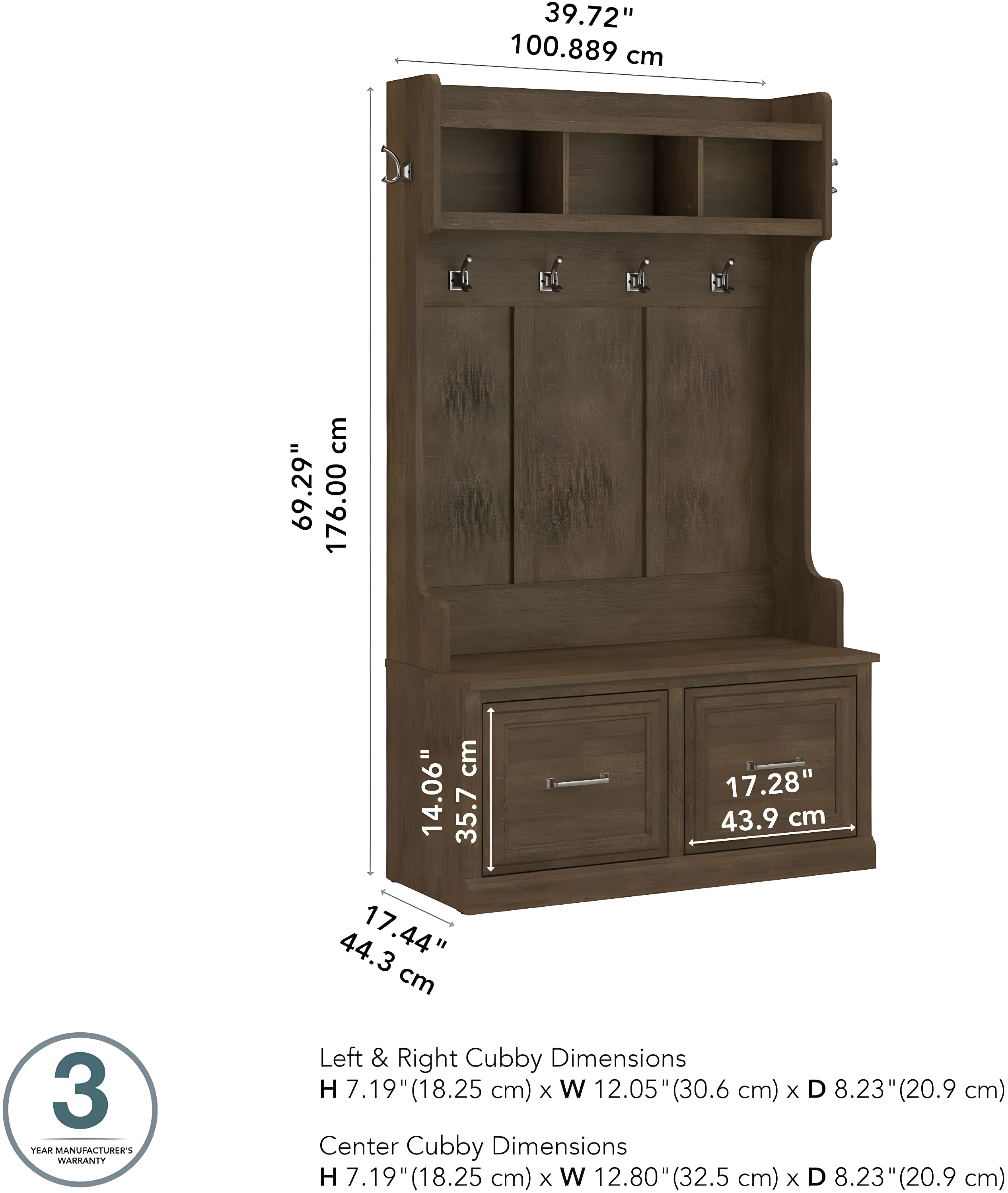 Woodland 40W Hall Tree and Shoe Bench with Doors in Ash Brown - Engineered Wood