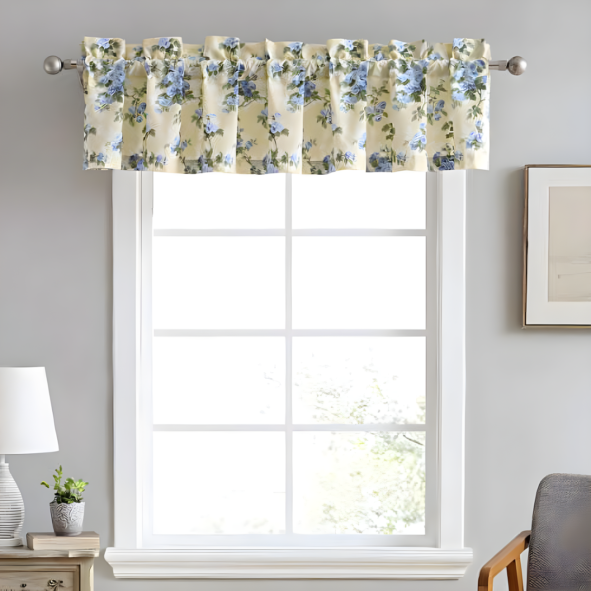Laura Ashley Cassidy Floral Cotton Ruffled 86" Window Valance in Yellow/Blue