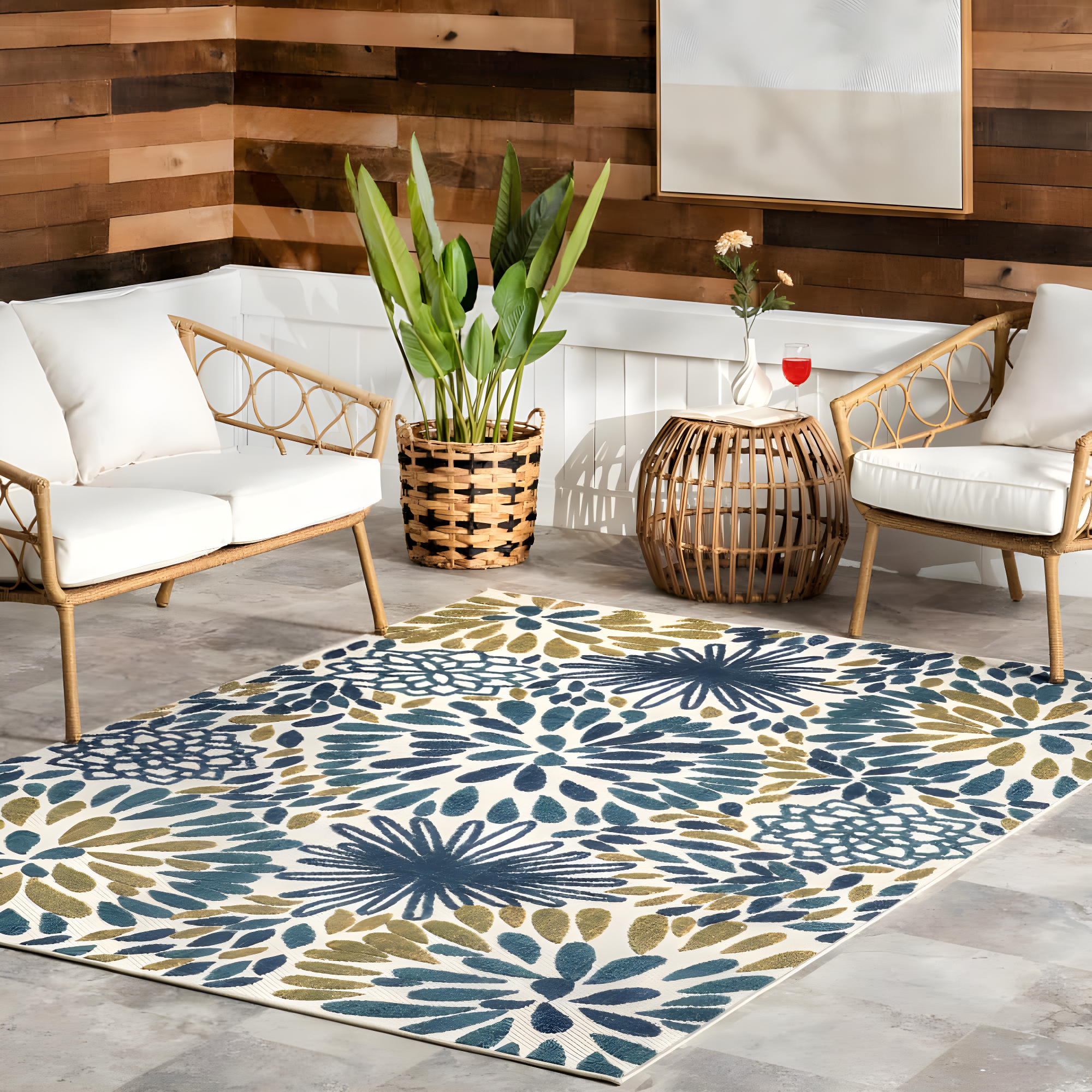 Nuloom Monique Floral & Paisley 7x9 Indoor/Outdoor Area Rug for Living Room Patio Deck Front Porch Kitchen, Teal/Ivory