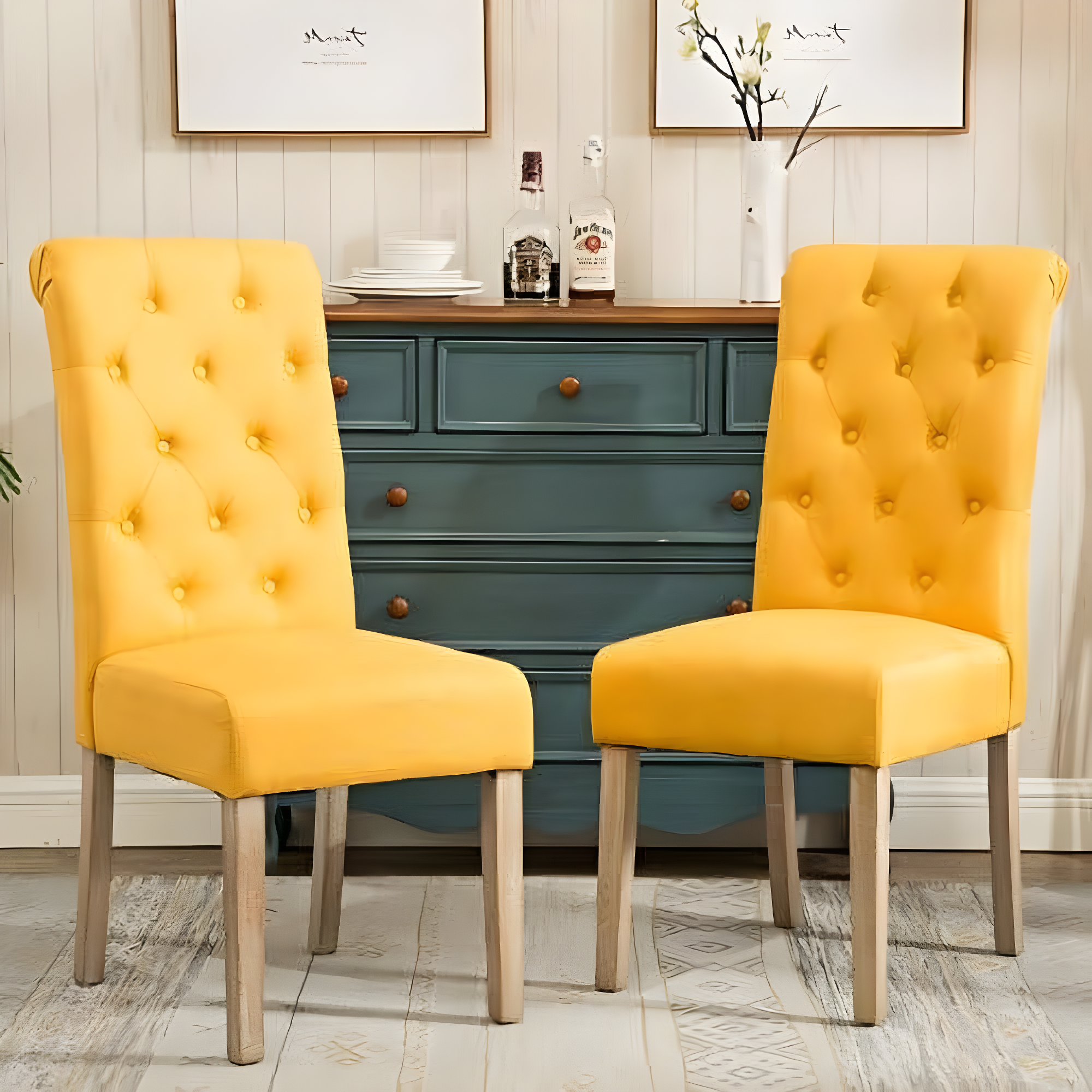 Roundhill Furniture Habit Solid Wood Tufted Parsons Dining Chair, Yellow, Set of 2