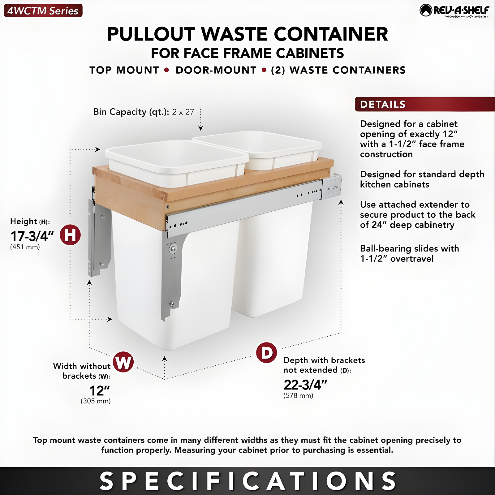 Rev-A-Shelf Rev-A-Shelf Single Pullout Top Mount Trash Can
