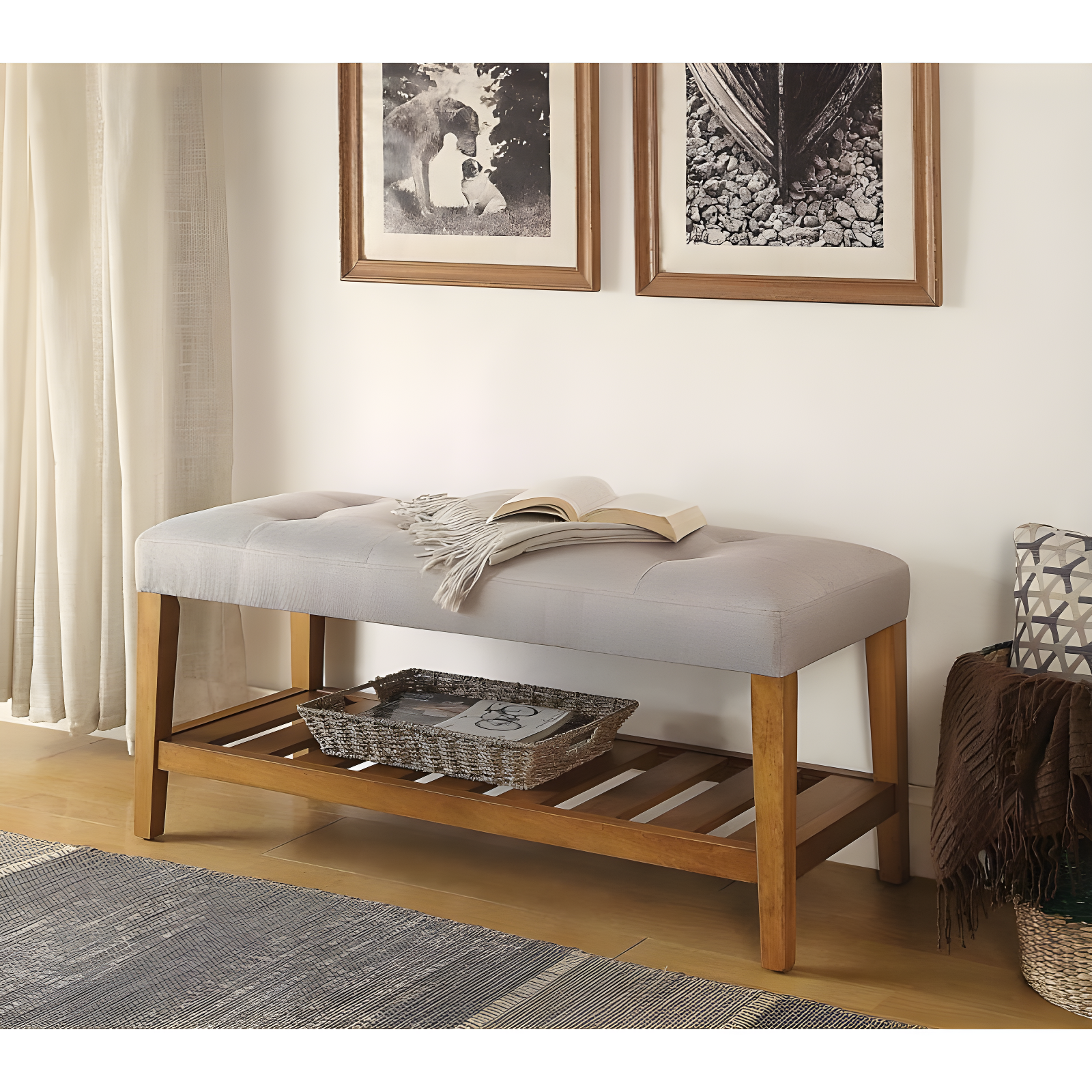 ACME 96680 Charla Wooden Frame Slatted Lower Shelf Bench, Light Gray and Oak