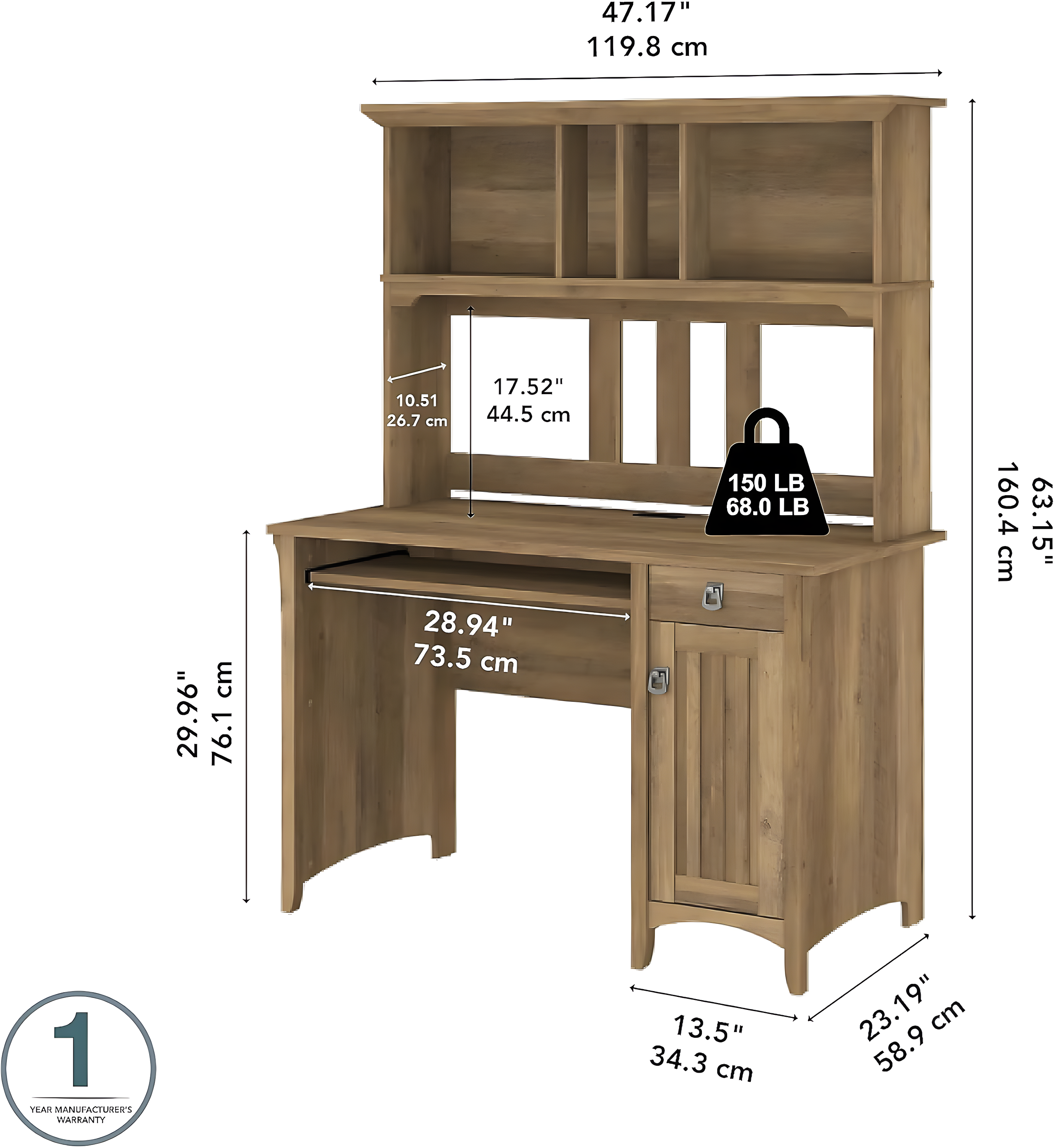 Bush Furniture Salinas Mission 48" Computer Desk and Hutch, Reclaimed Pine