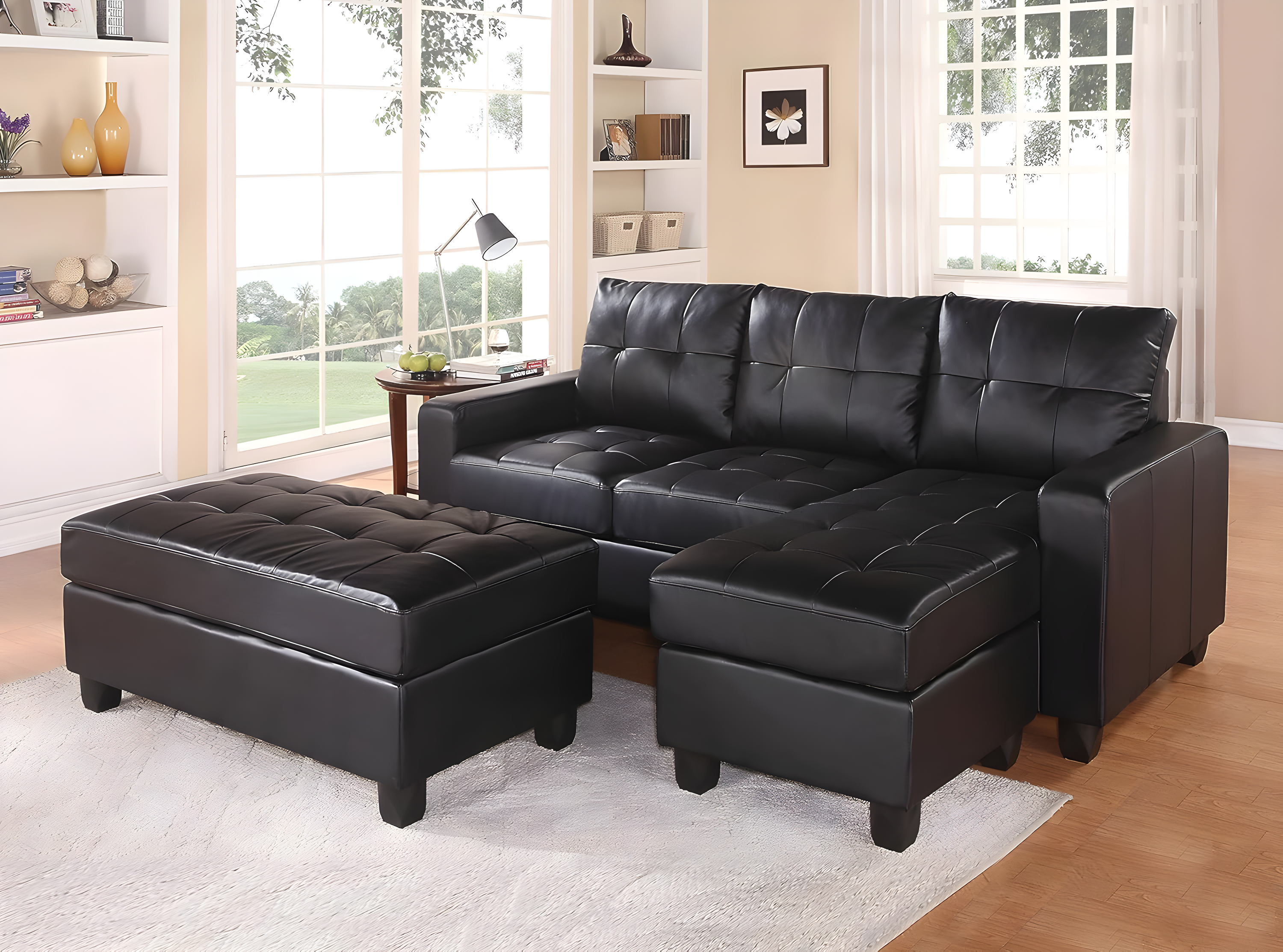 ACME Lyssa Track Arms Bonded Leather Sectional with Ottoman in Black