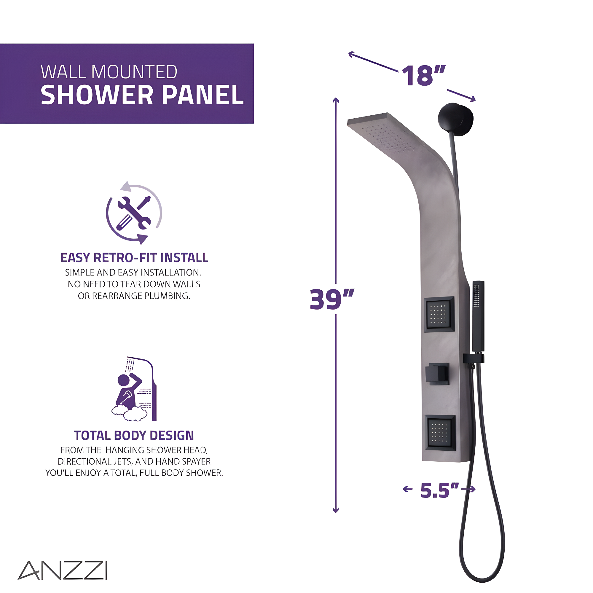 ANZZI Aura 39.37'' Shower Panel with Fixed Shower Head SP-AZ078GM