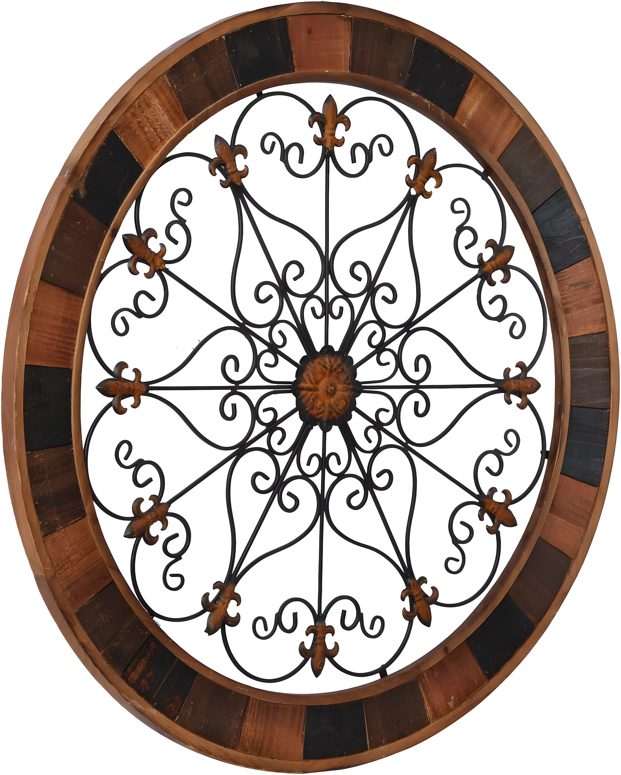 DecMode Brown Wood Arabesque Scroll Wall Decor with Metal Fleur De Lis Relief