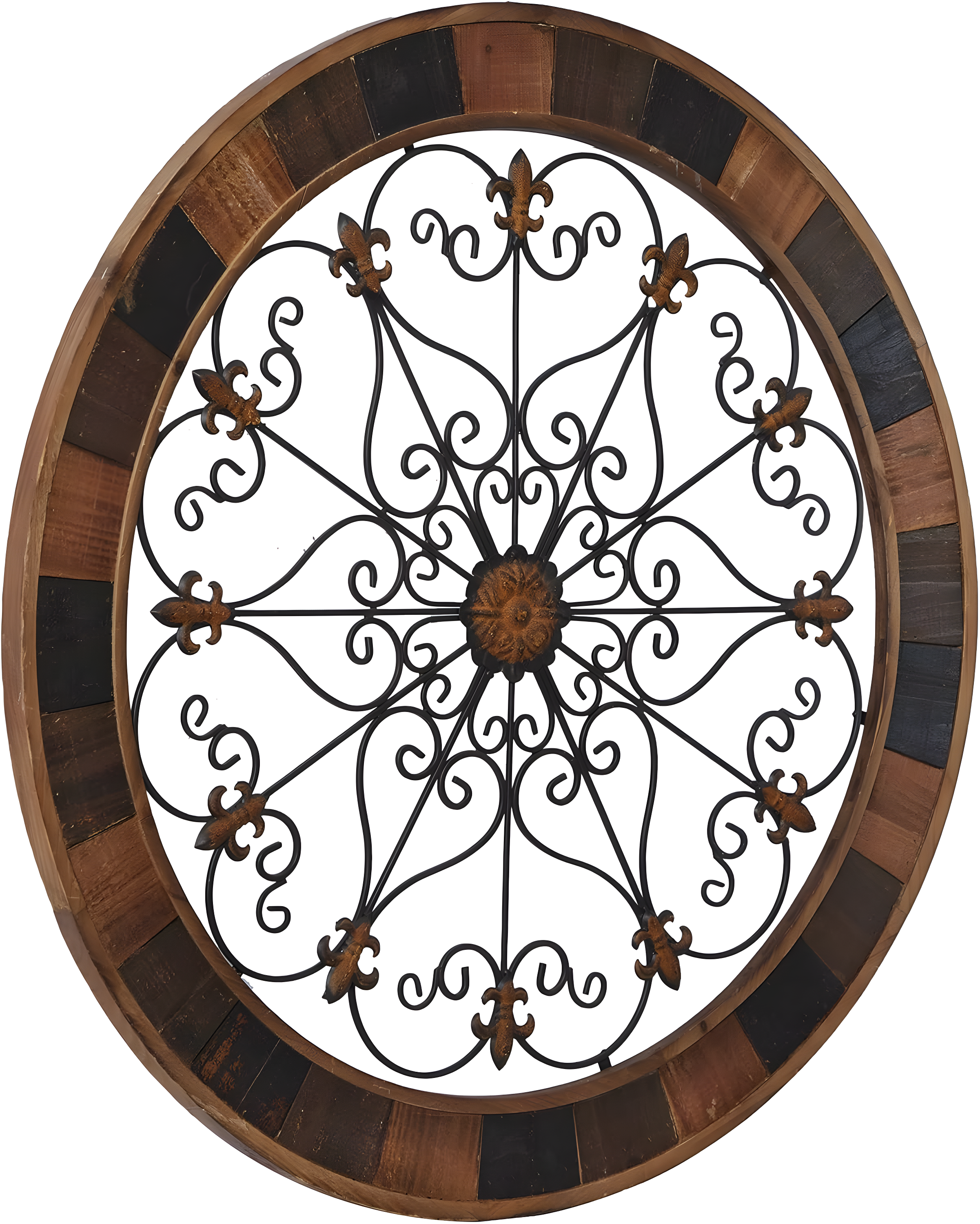 DecMode Brown Wood Arabesque Scroll Wall Decor with Metal Fleur De Lis Relief
