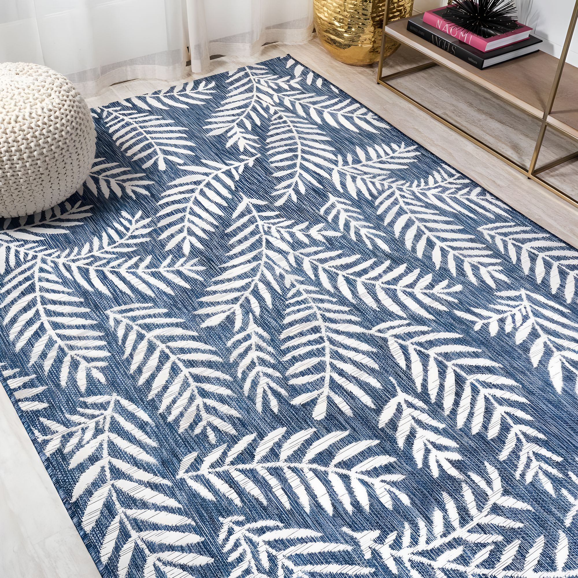 4'x6' Nevis Palm Frond Indoor/Outdoor Area Rug, Navy/Ivory - JONATHAN Y