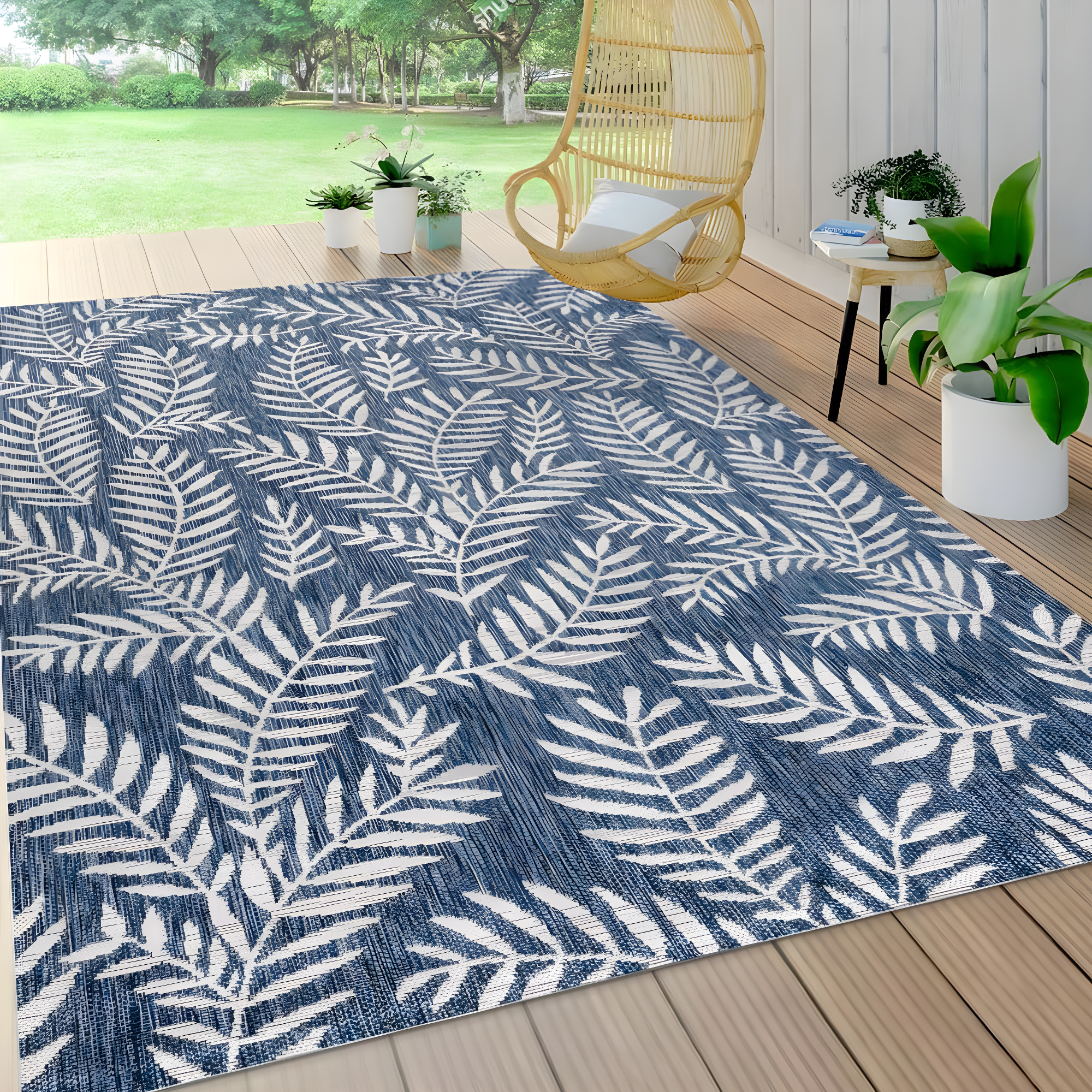 4'x6' Nevis Palm Frond Indoor/Outdoor Area Rug, Navy/Ivory - JONATHAN Y