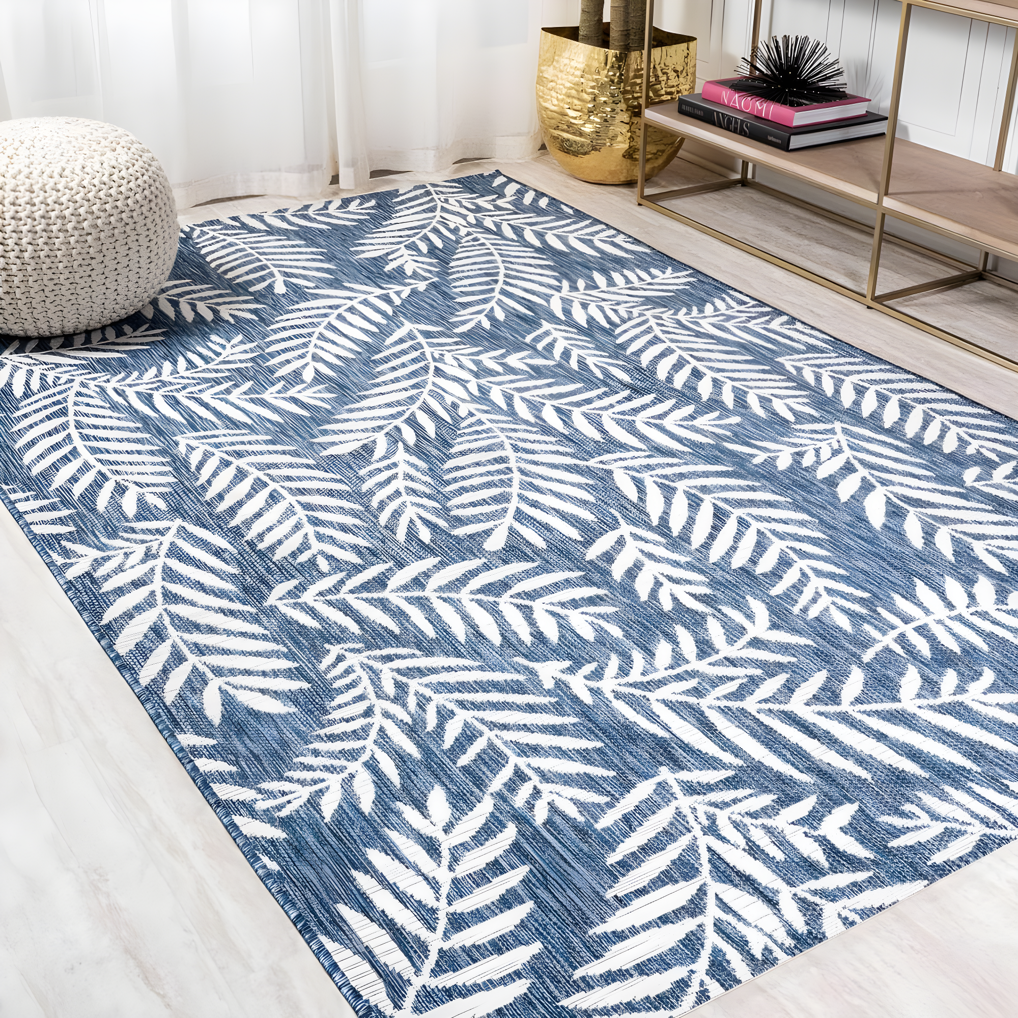 4'x6' Nevis Palm Frond Indoor/Outdoor Area Rug, Navy/Ivory - JONATHAN Y