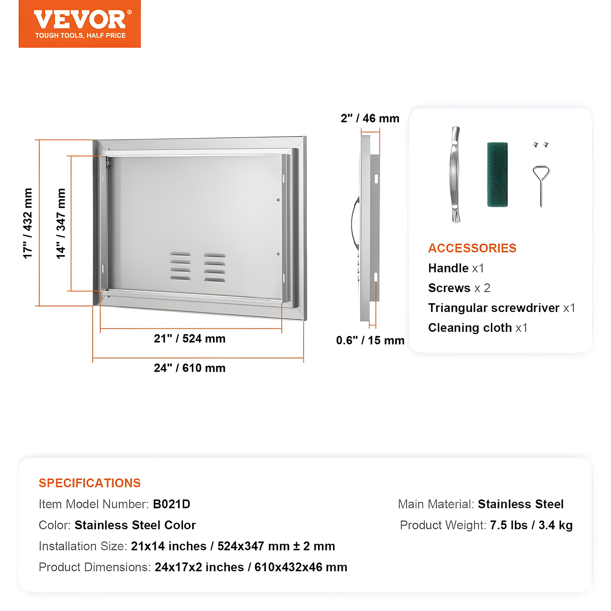 24 in. W x 17 in. H Single Outdoor Kitchen Door BBQ Access Door Stainless Steel Flush Mount Door Wall Vertical Door