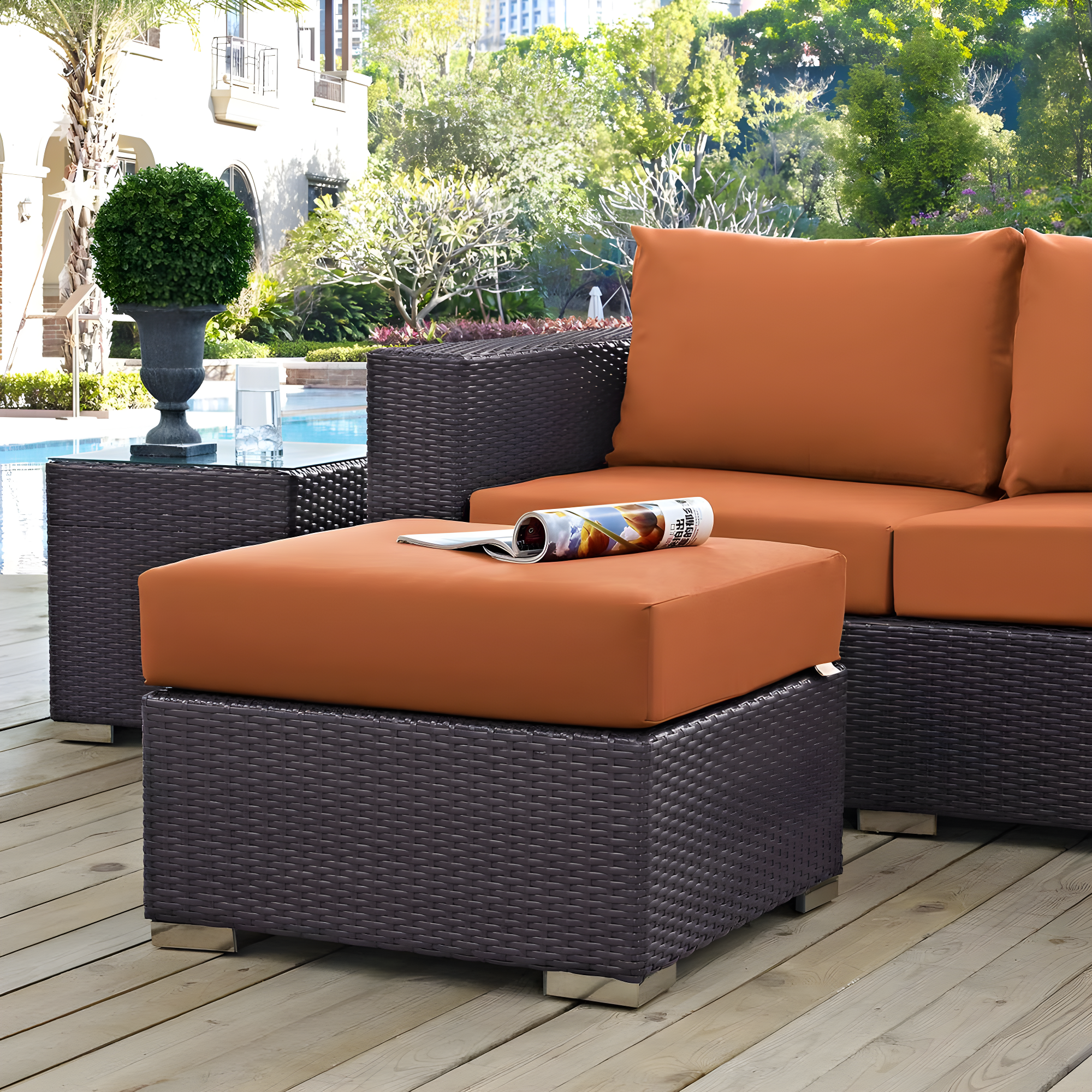 Modway Convene Outdoor Patio Fabric Square Ottoman in Espresso Orange