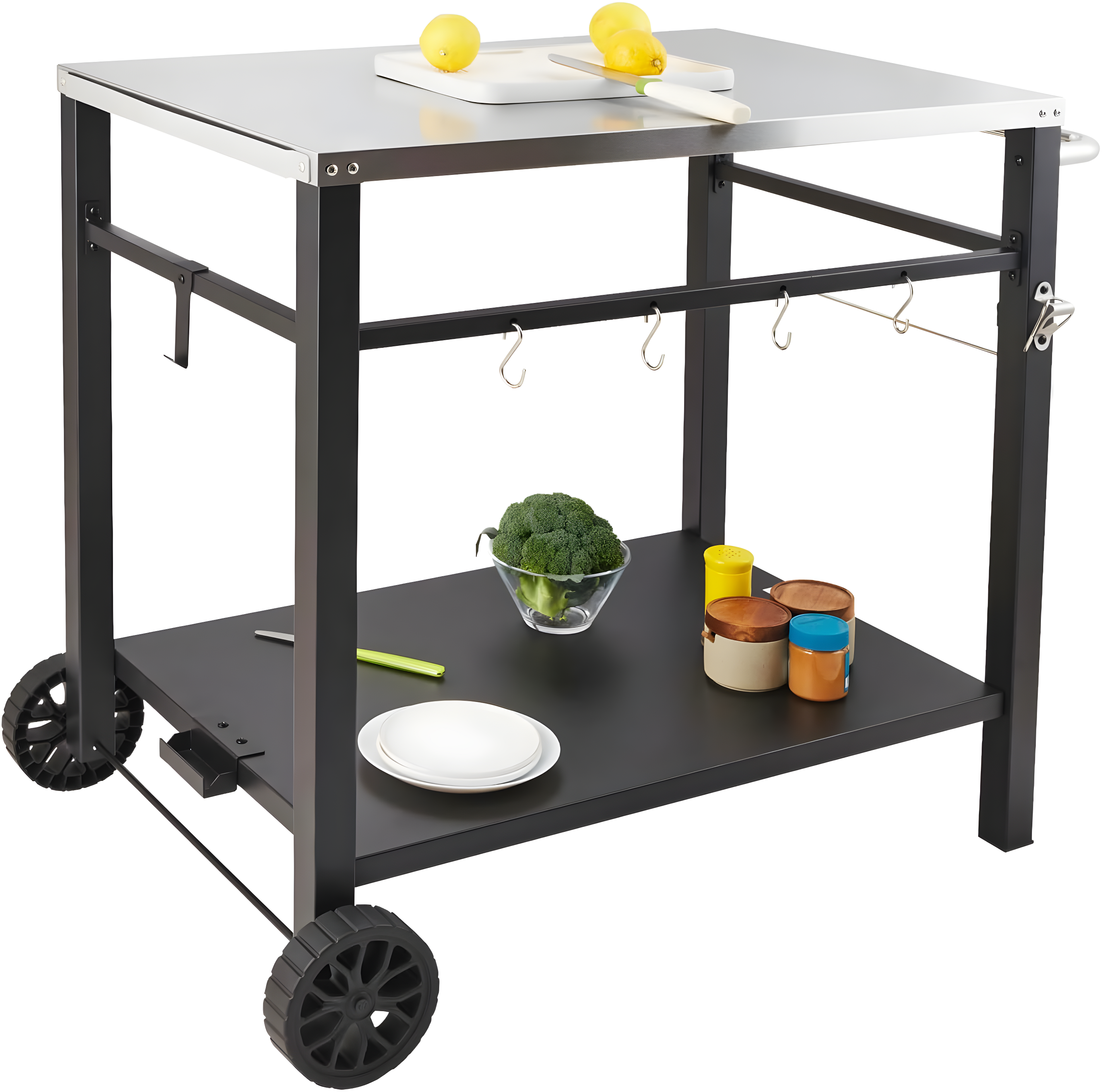 VEVOR Outdoor Grill Dining Cart with Double-Shelf, BBQ Movable Food Prep Table, Multifunctional Foldable Iron Table Top, Portable Modular Carts