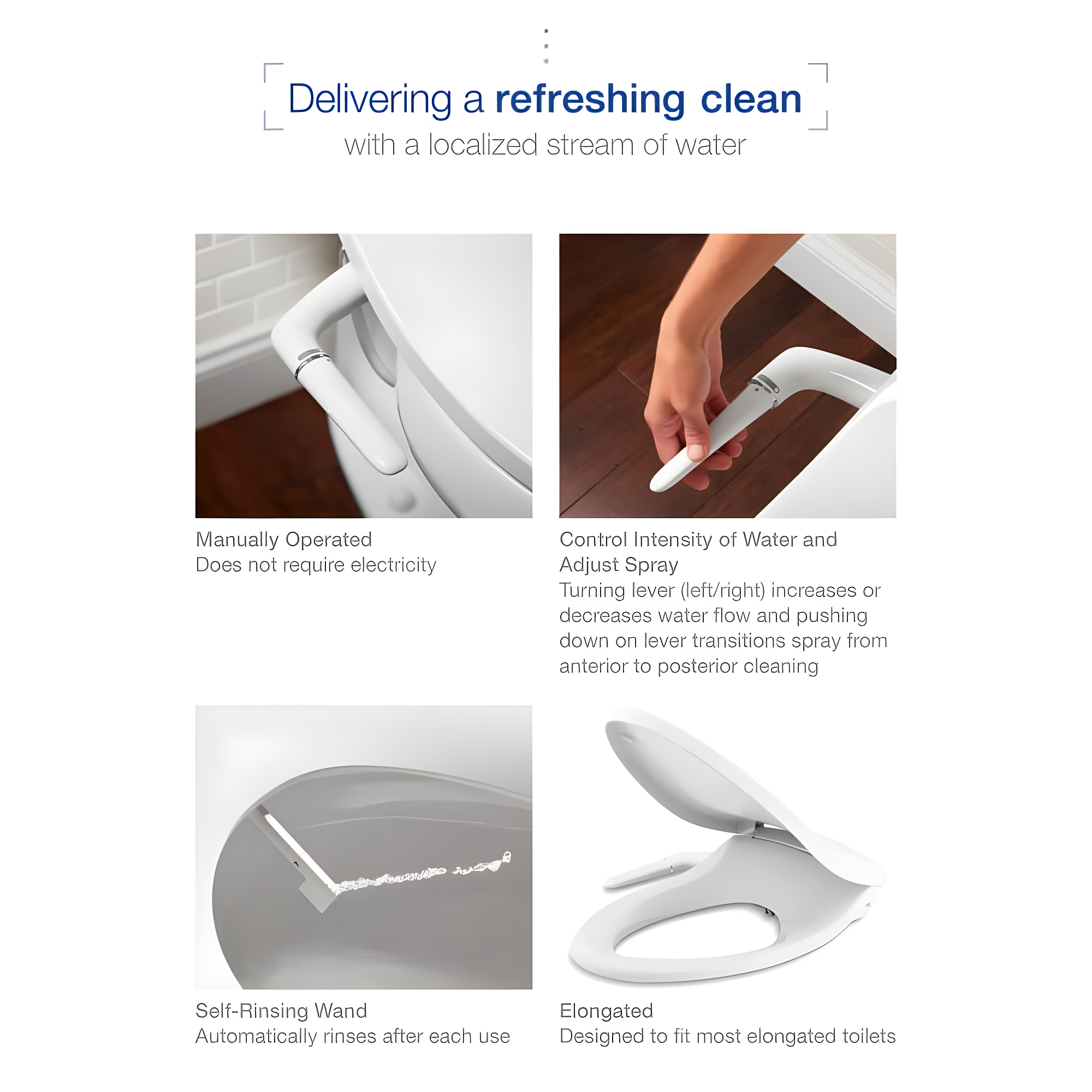 PureWash M250 Elongated Bidet Toliet Seat, Manual Non-Electric Bidets for Existing Toilets