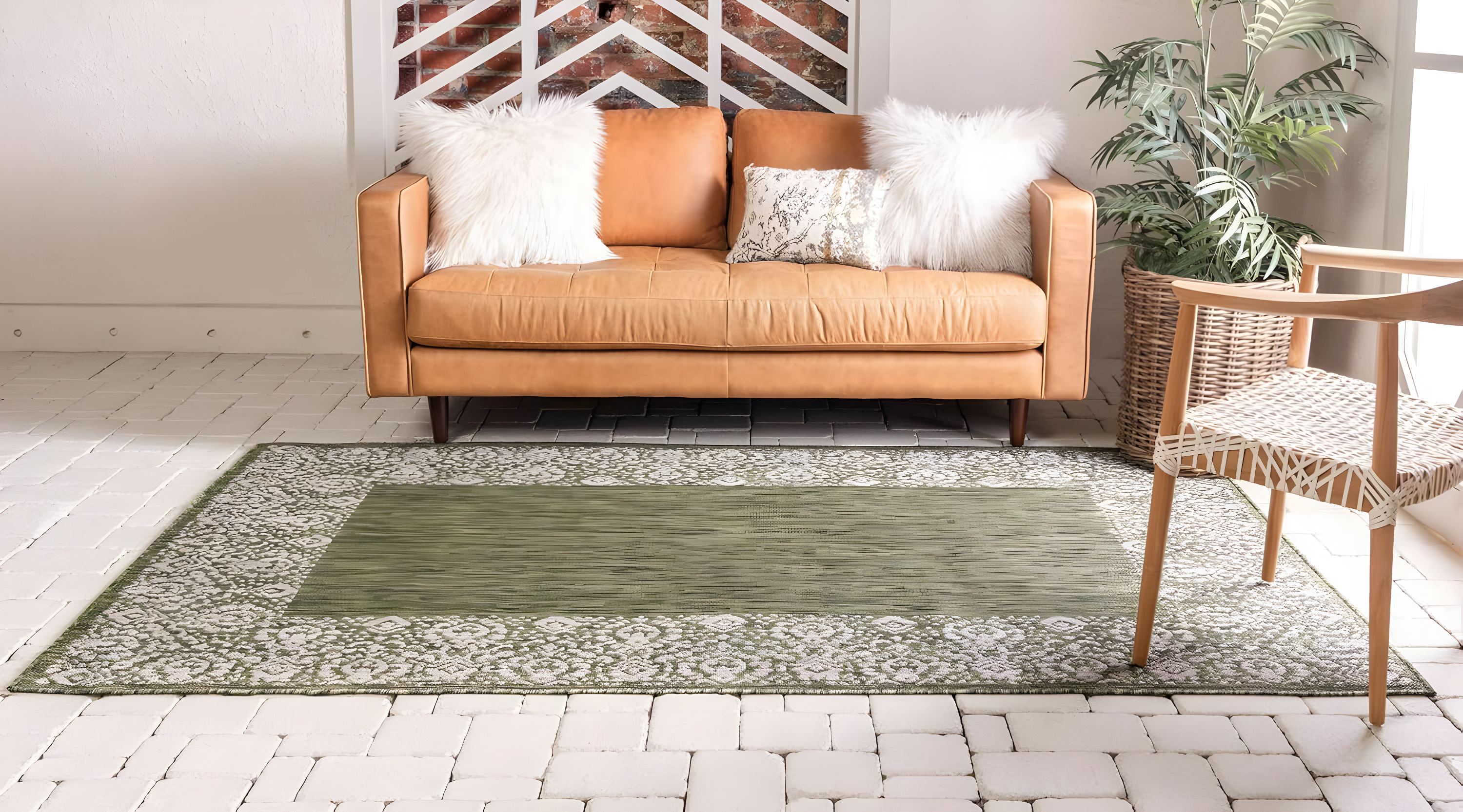 Unique Loom Outdoor Border Collection Area Rug - Floral Border (7' 1" x 10' Rectangle Green/Ivory)