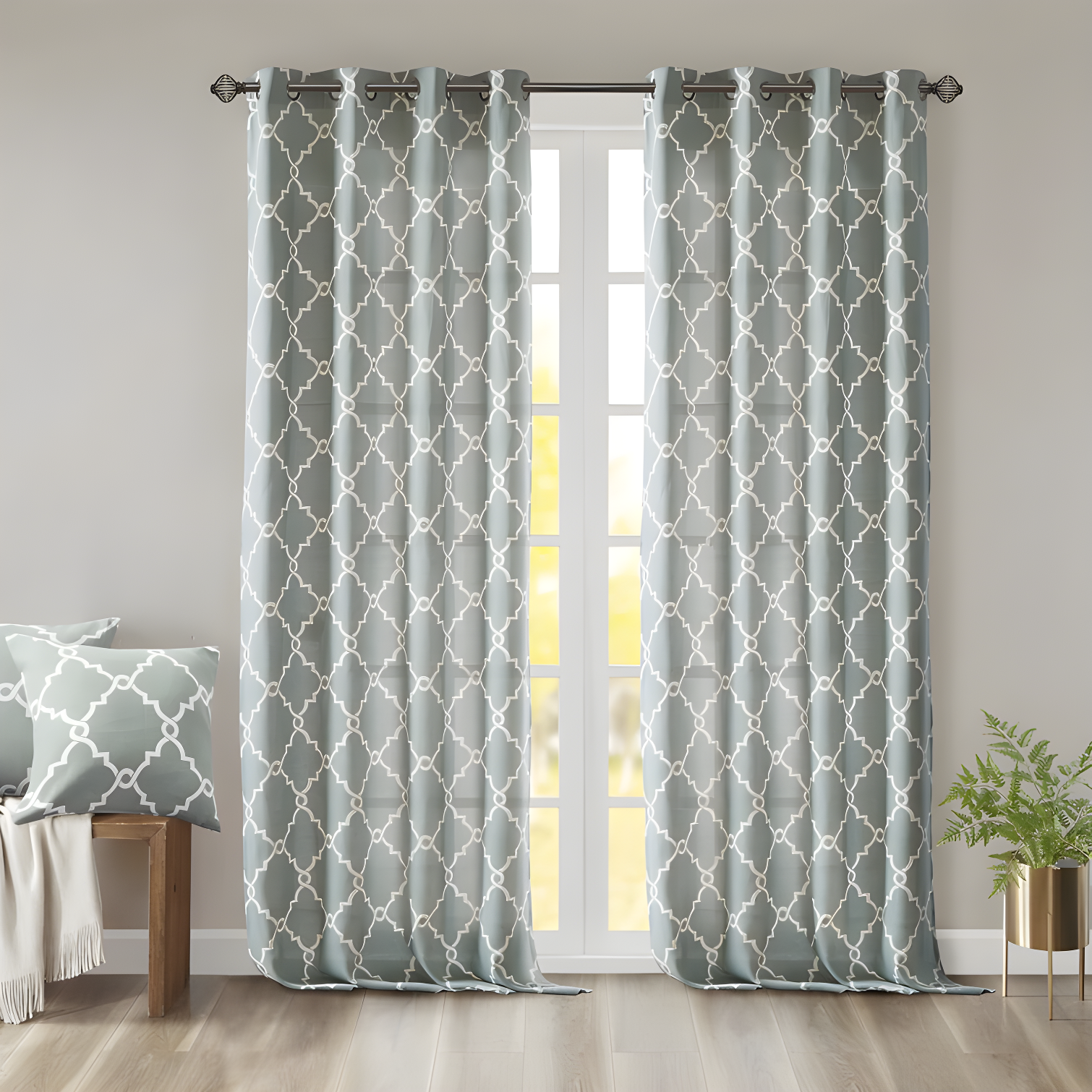 Fretwork Print Grommet Top Window Curtain Panel