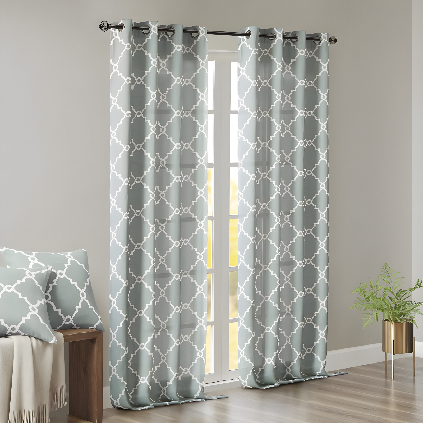 Fretwork Print Grommet Top Window Curtain Panel