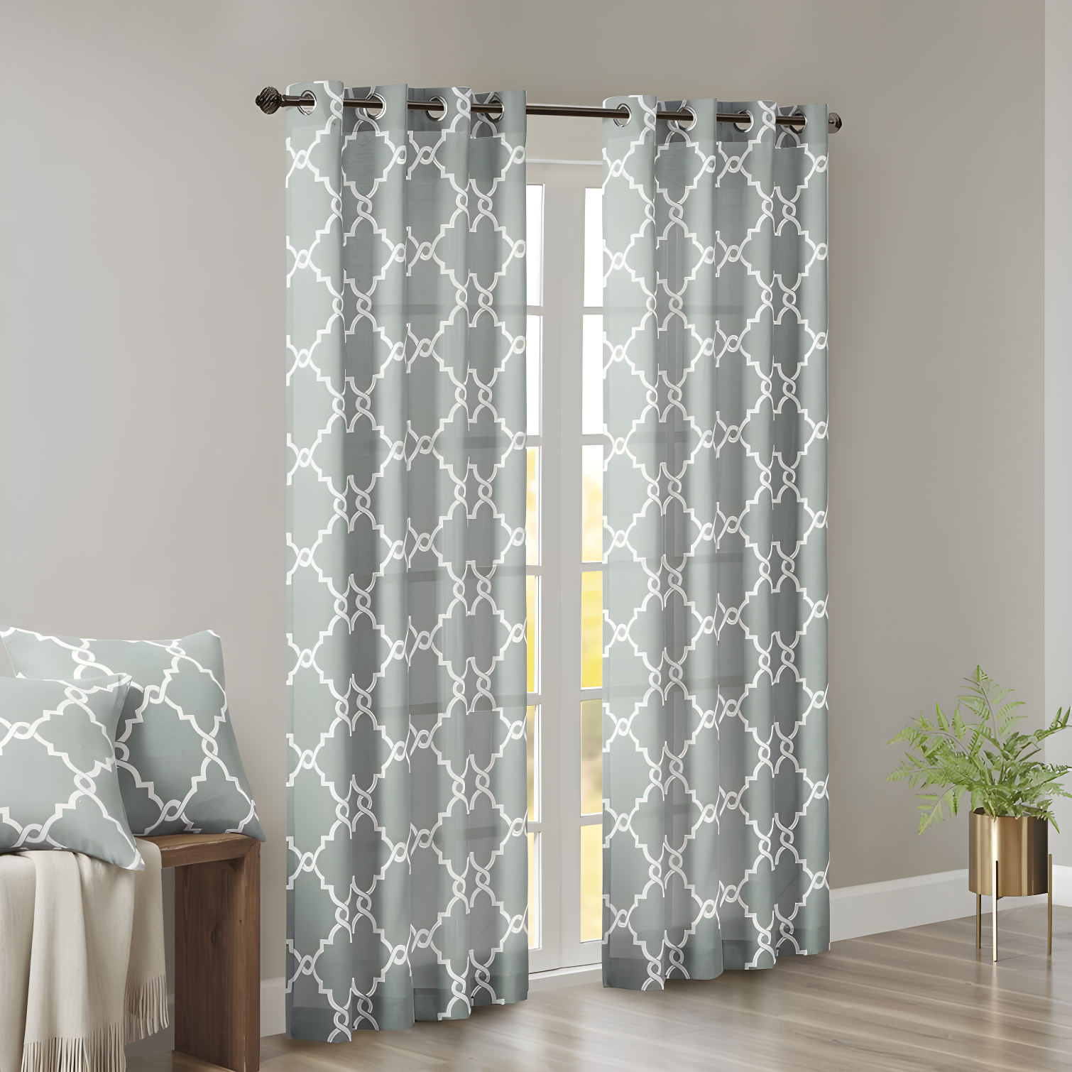 Fretwork Print Grommet Top Window Curtain Panel