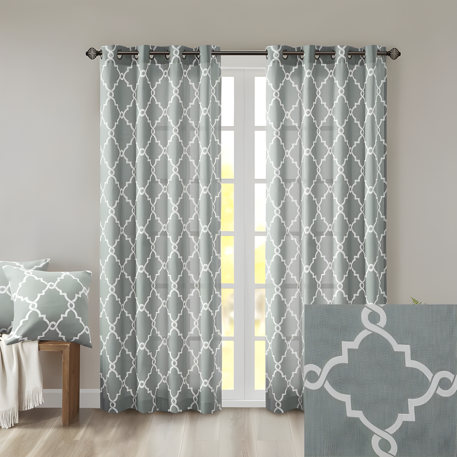 Fretwork Print Grommet Top Window Curtain Panel