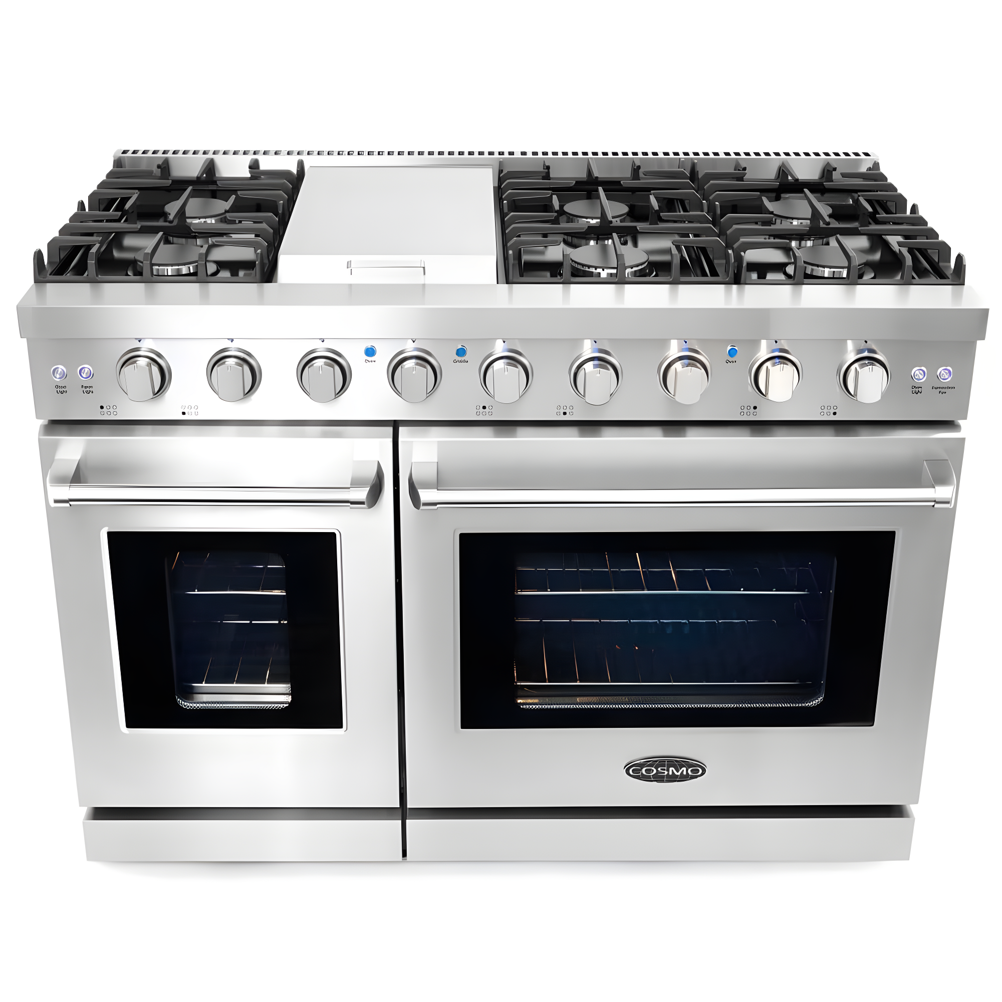 Cosmo 48 in. Haven Collection 7 cu. ft. Double Oven Gas Range, 6 Burners, Griddle, Convection, Knob LEDs, Stainless Steel