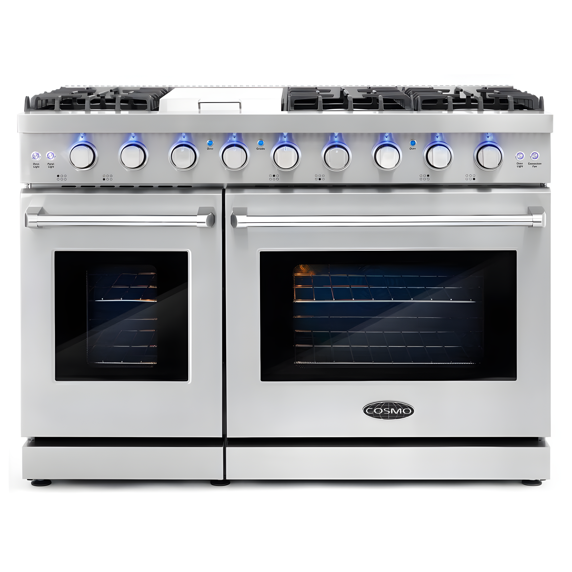 Cosmo 48 in. Haven Collection 7 cu. ft. Double Oven Gas Range, 6 Burners, Griddle, Convection, Knob LEDs, Stainless Steel