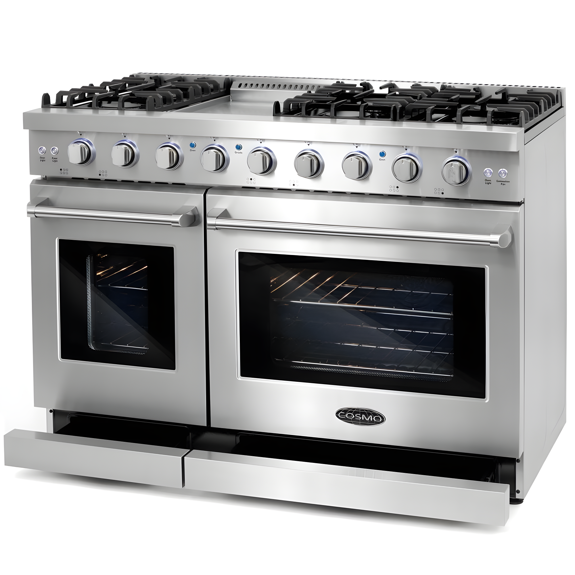 Cosmo 48 in. Haven Collection 7 cu. ft. Double Oven Gas Range, 6 Burners, Griddle, Convection, Knob LEDs, Stainless Steel