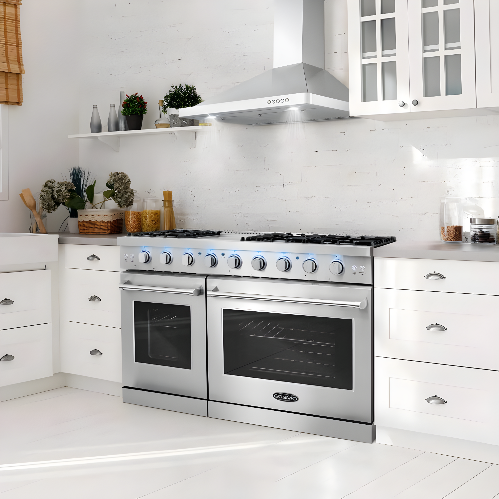 Cosmo 48 in. Haven Collection 7 cu. ft. Double Oven Gas Range, 6 Burners, Griddle, Convection, Knob LEDs, Stainless Steel
