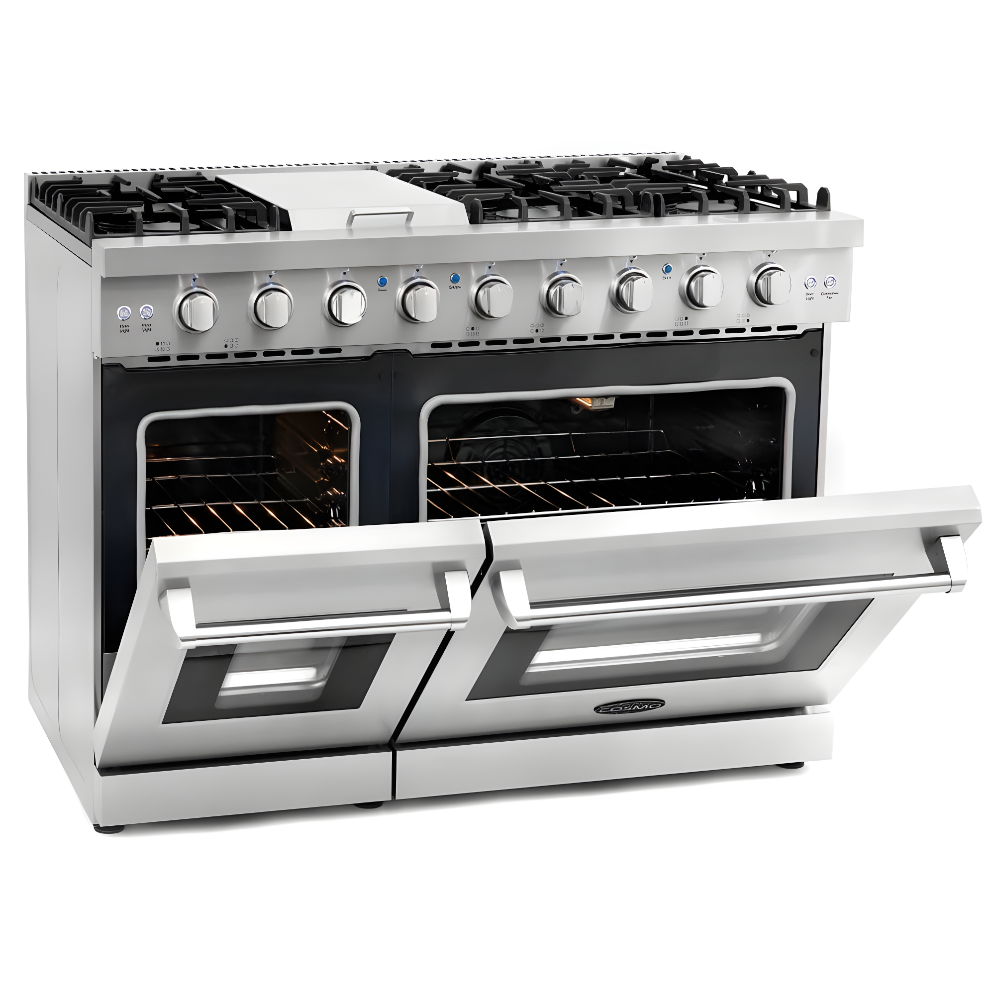 Cosmo 48 in. Haven Collection 7 cu. ft. Double Oven Gas Range, 6 Burners, Griddle, Convection, Knob LEDs, Stainless Steel