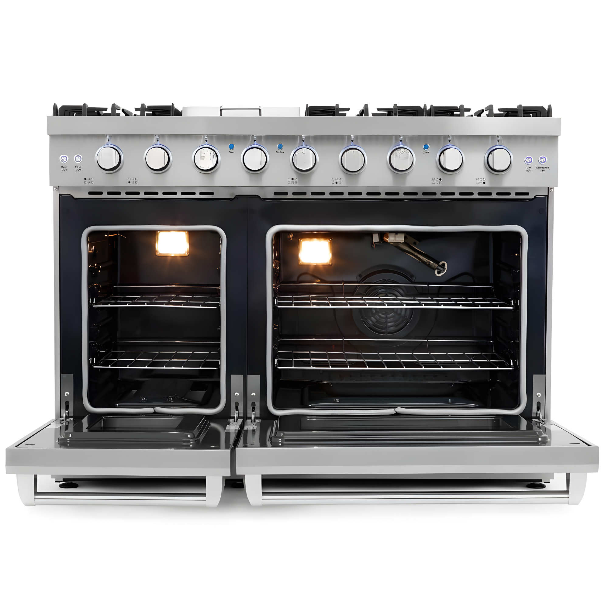 Cosmo 48 in. Haven Collection 7 cu. ft. Double Oven Gas Range, 6 Burners, Griddle, Convection, Knob LEDs, Stainless Steel