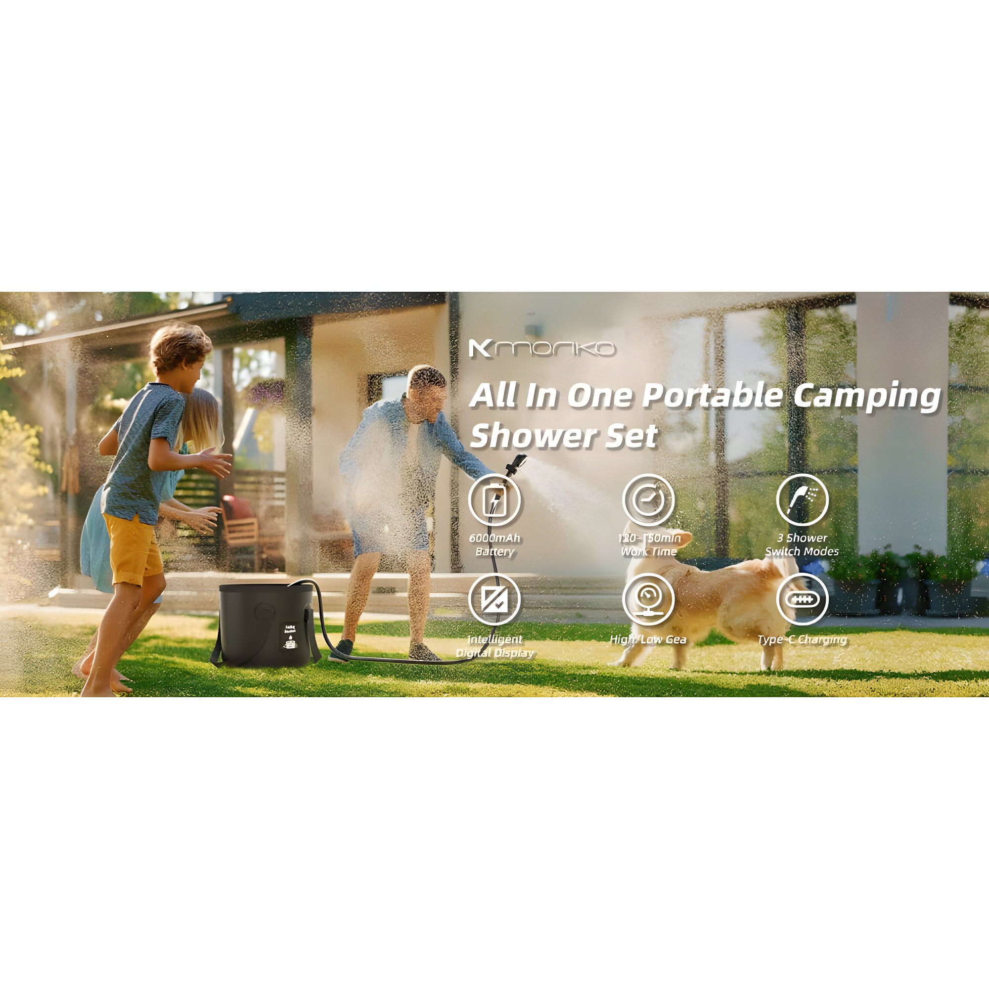 Portable Camping Shower, 6000mAh Rechargeable Shower Pump, Filtered Shower Head & 5 Gallons Foldable Bucket, Outdoor Shower for Hiking, Beach, Travel, Pet Bath, Car Washing, Surf & Boat Cleaning