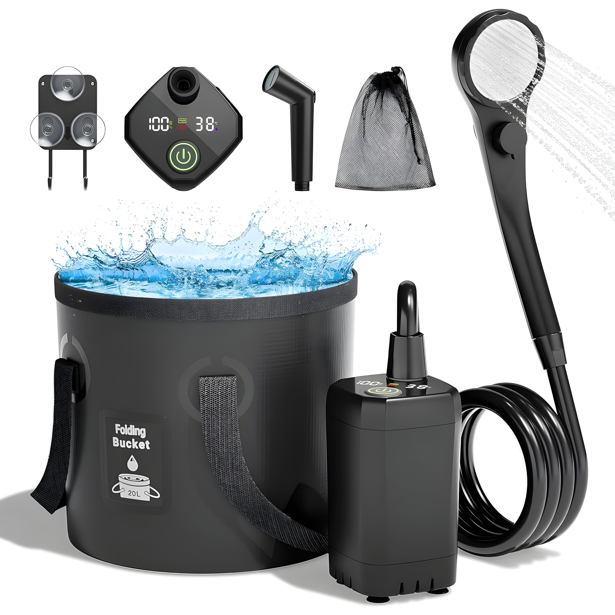 Portable Camping Shower, 6000mAh Rechargeable Shower Pump, Filtered Shower Head & 5 Gallons Foldable Bucket, Outdoor Shower for Hiking, Beach, Travel, Pet Bath, Car Washing, Surf & Boat Cleaning