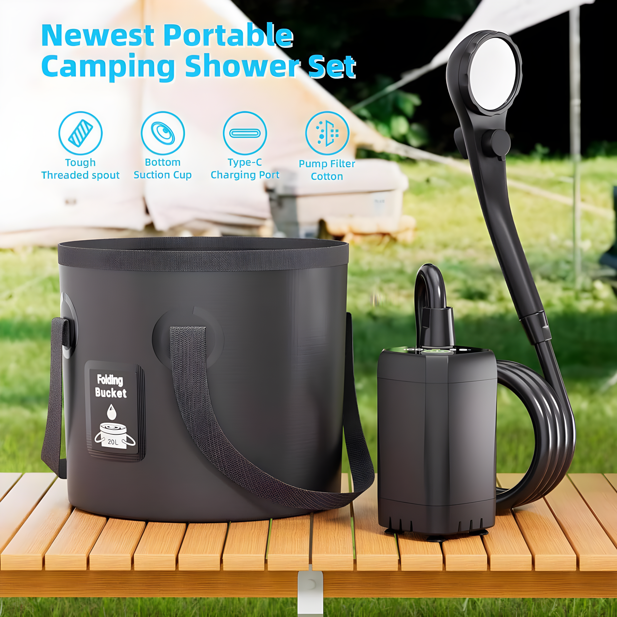 Portable Camping Shower, 6000mAh Rechargeable Shower Pump, Filtered Shower Head & 5 Gallons Foldable Bucket, Outdoor Shower for Hiking, Beach, Travel, Pet Bath, Car Washing, Surf & Boat Cleaning