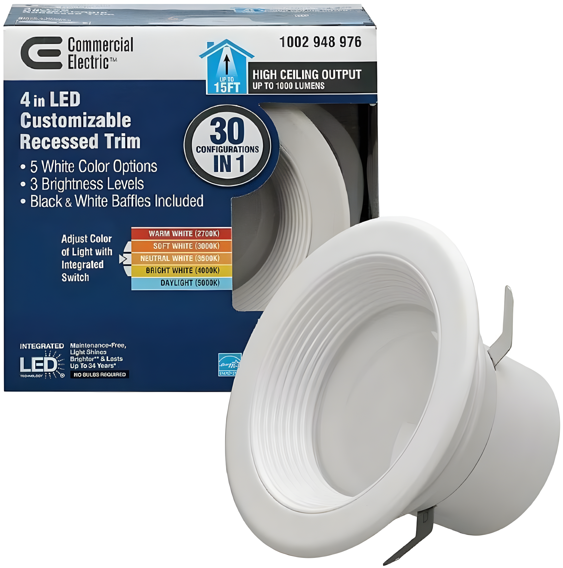 Commercial Electric 4" Lumen/Color Select LED Recessed Downlight Retro Fit Trim