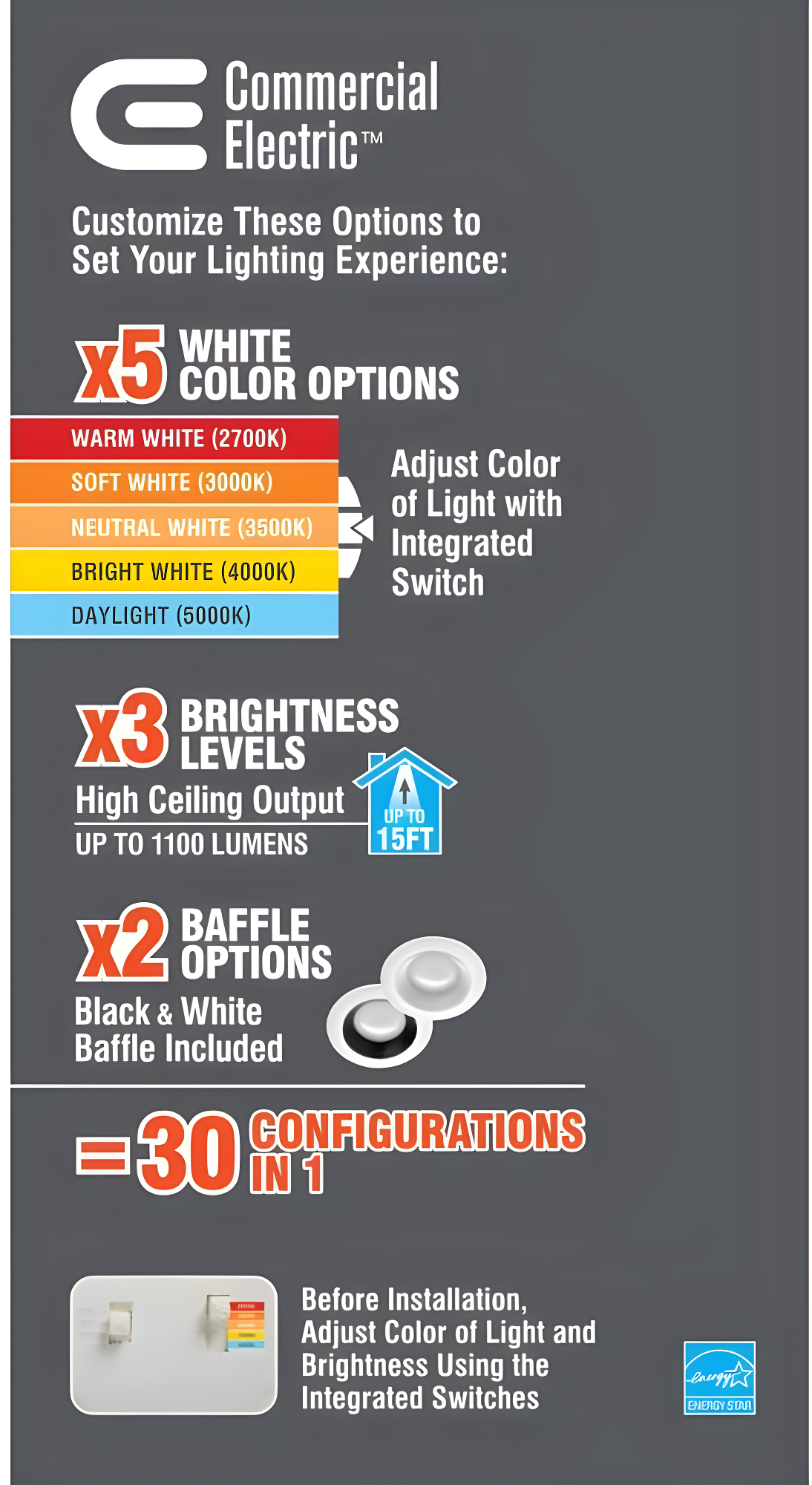 Commercial Electric 4" Lumen/Color Select LED Recessed Downlight Retro Fit Trim