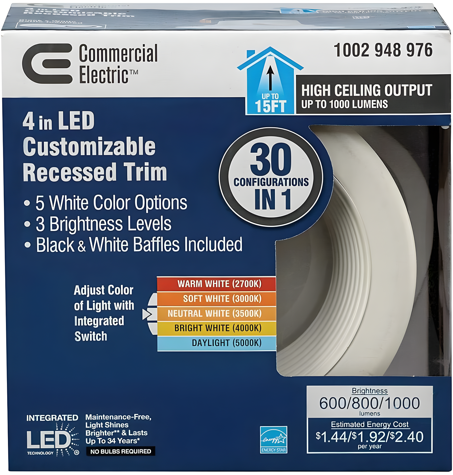 Commercial Electric 4" Lumen/Color Select LED Recessed Downlight Retro Fit Trim