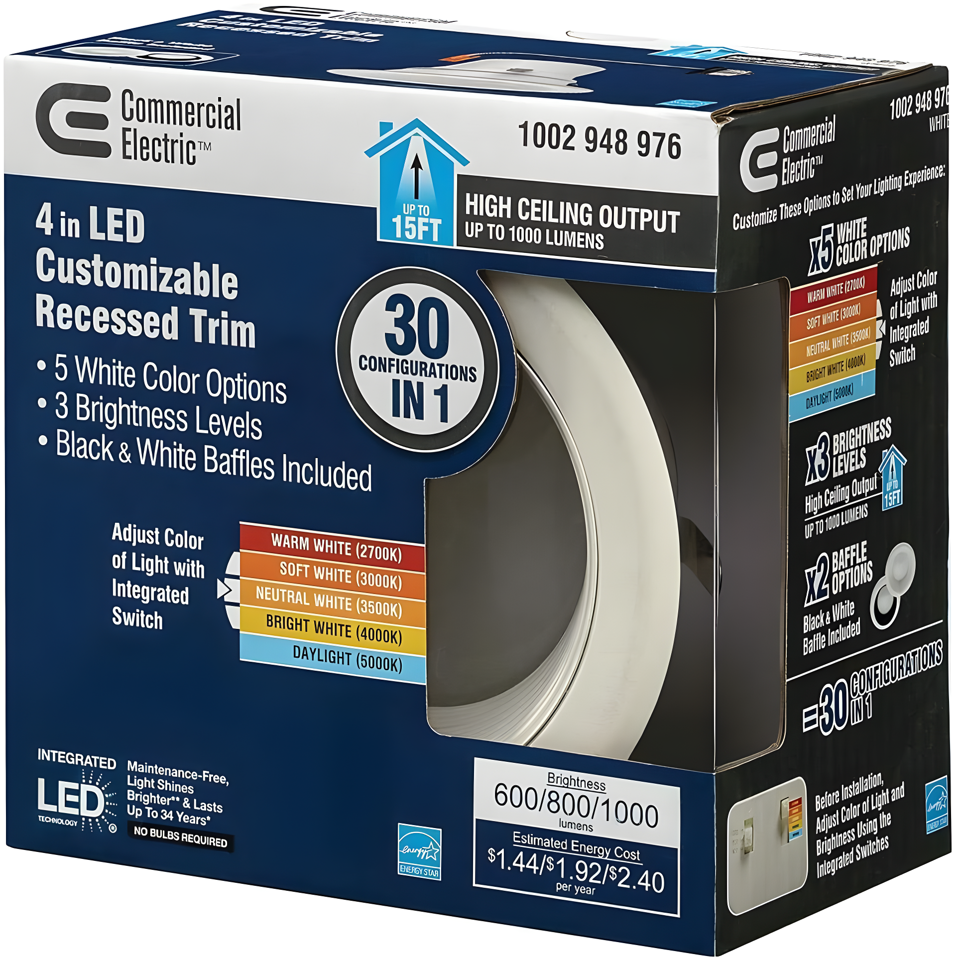 Commercial Electric 4" Lumen/Color Select LED Recessed Downlight Retro Fit Trim