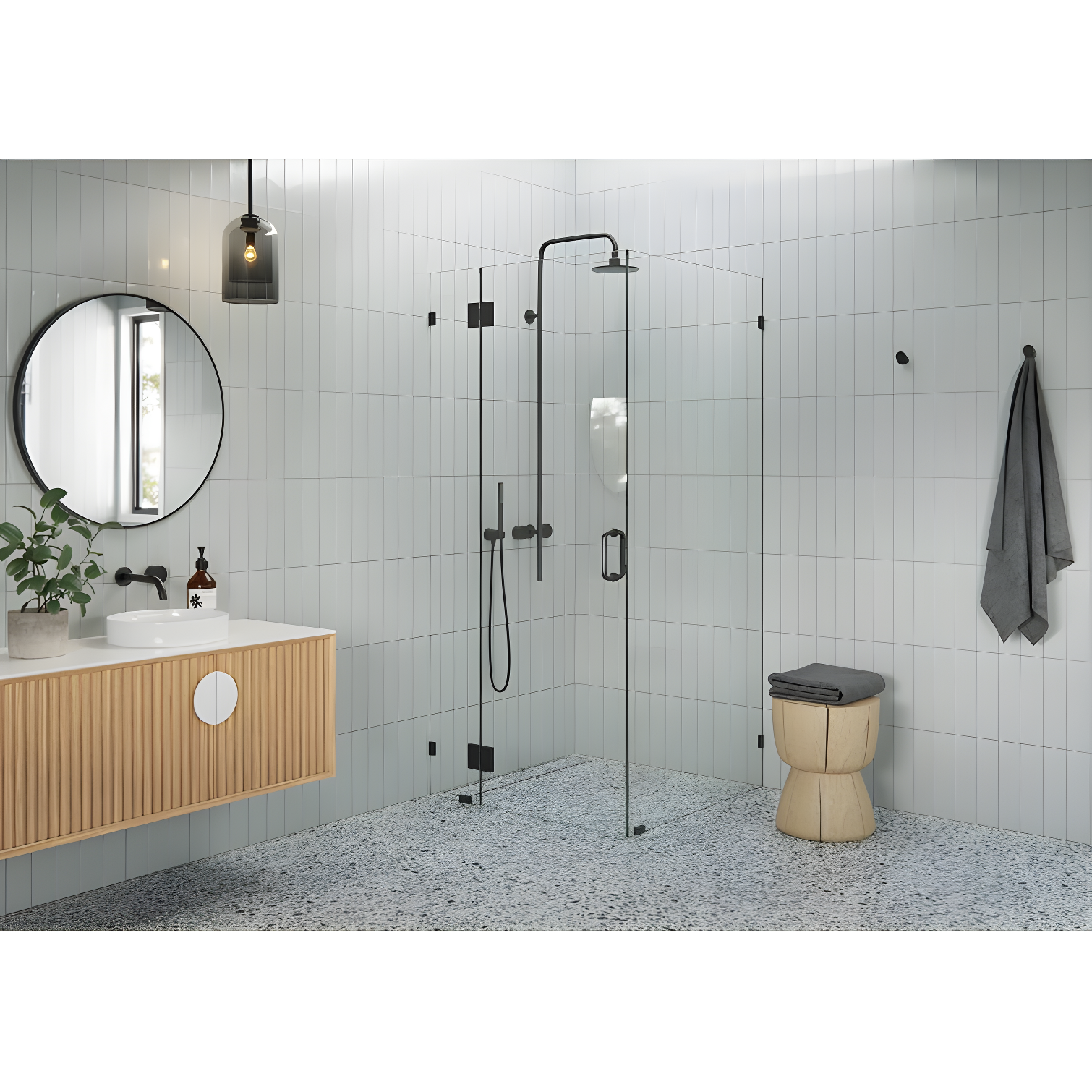 Glass Warehouse Halo 36 in. x 47 in. x 78 in. 90-degree Fully Frameless Glass Hinged Shower Enclosure 90-GH-36-47-MB