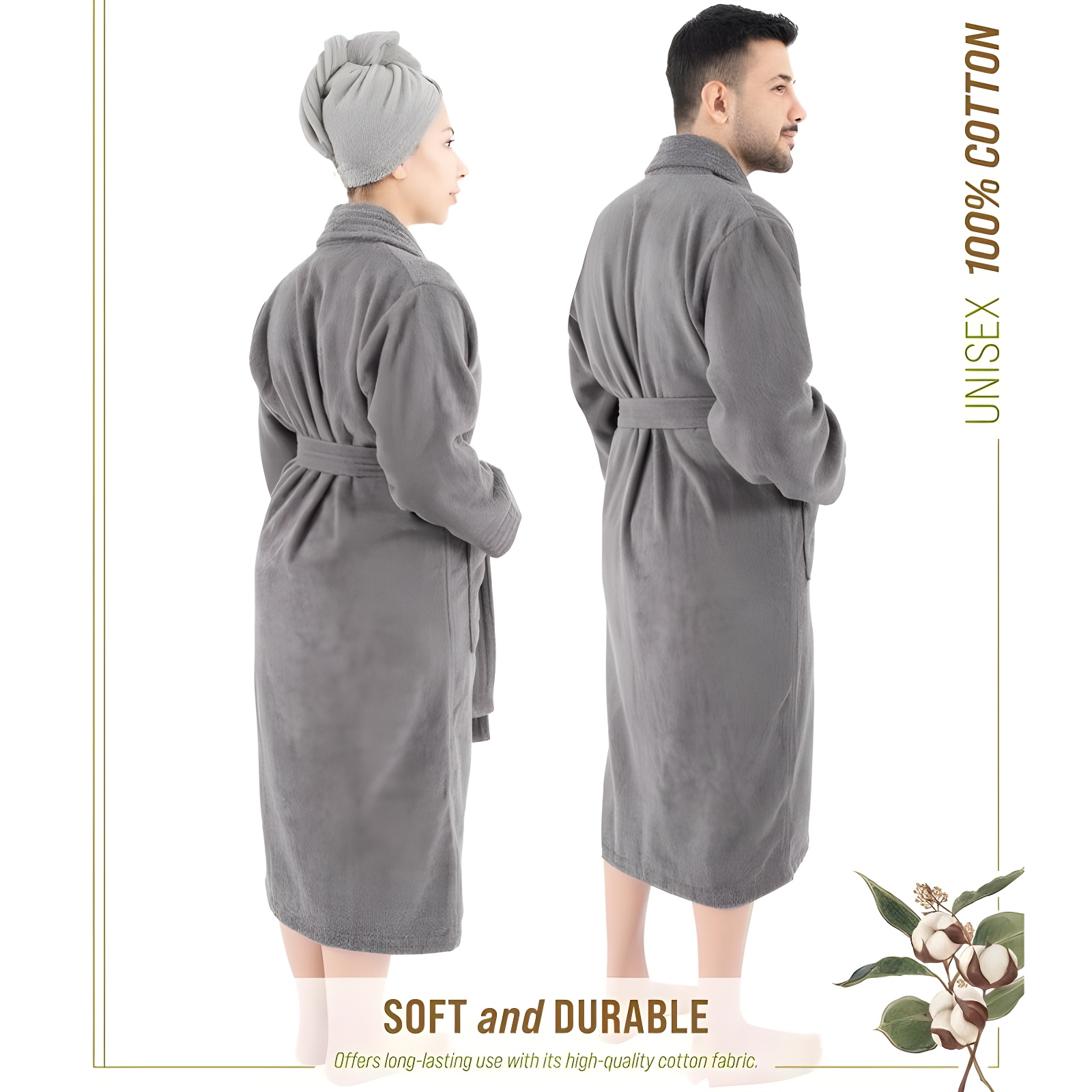 American Soft Linen, 100% Cotton Robes for Women and Men, 1 Piece Soft Lightweight Adult Couple Bathrobes, Medium - Gray