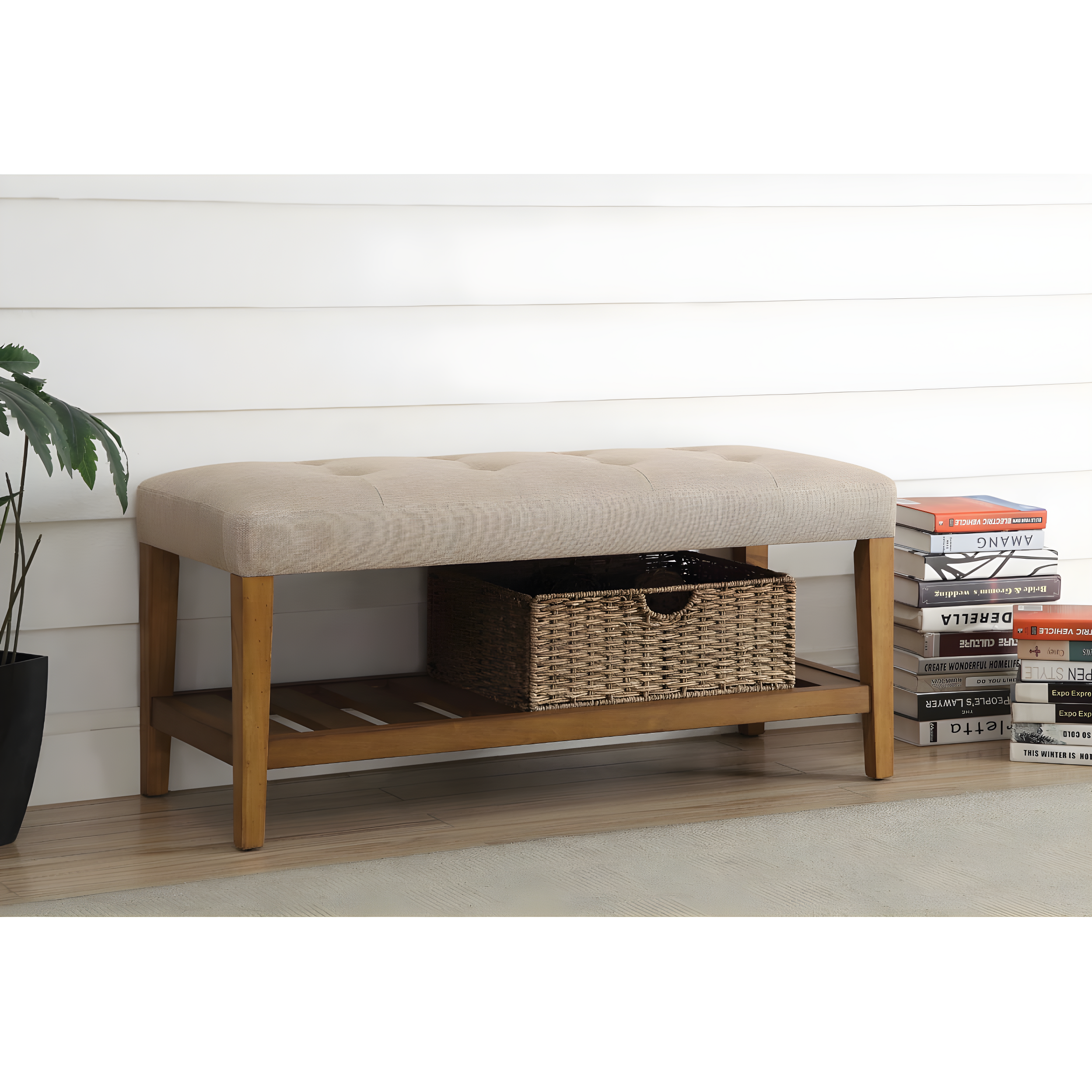Acme Furniture Charla Ottomans and Benches Beige Fabric/Oak Finish