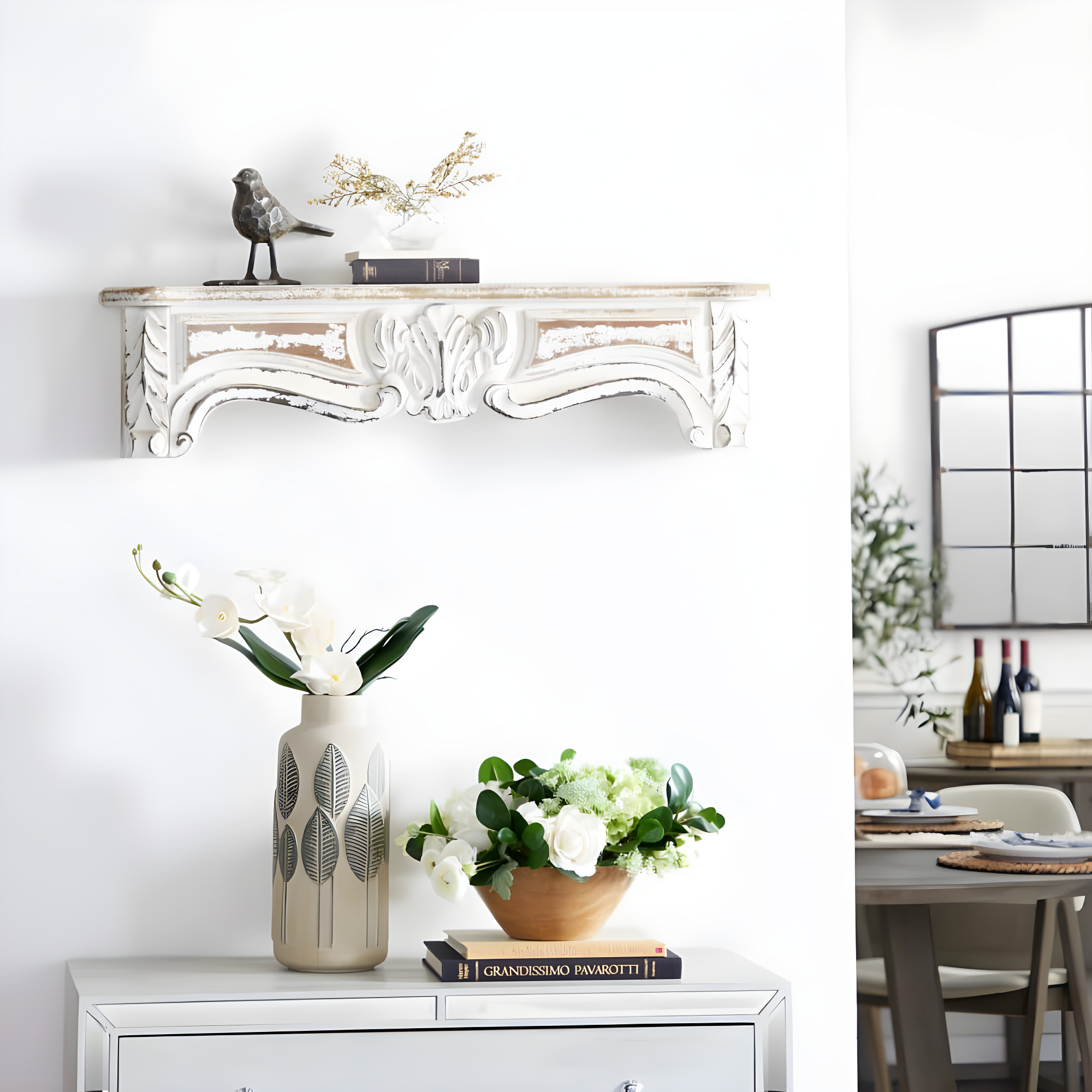 One Allium Way® Goodland White Wood 1 Shelf Scroll Wall Shelf 36" x 6" x 9"