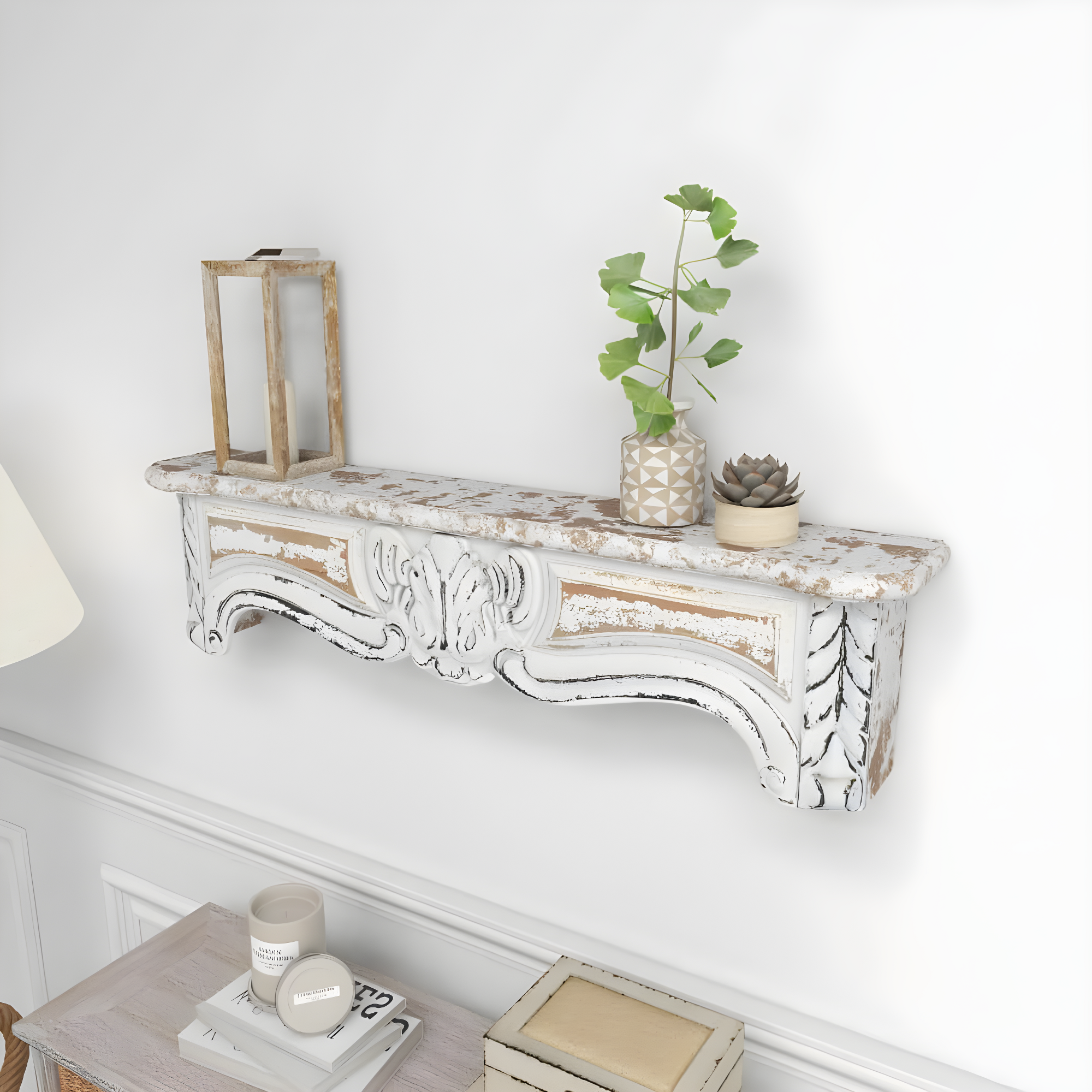 One Allium Way® Goodland White Wood 1 Shelf Scroll Wall Shelf 36" x 6" x 9"
