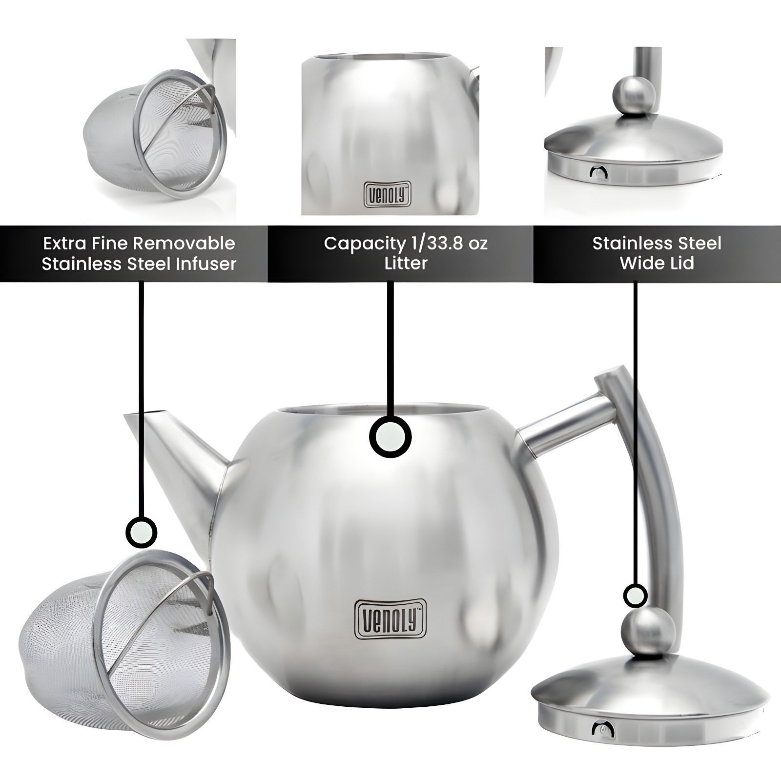Venoly Venoly Stainless Steel Tea Pot With Removable Infuser Dishwasher Safe and Heat Resistant (Set of 50)