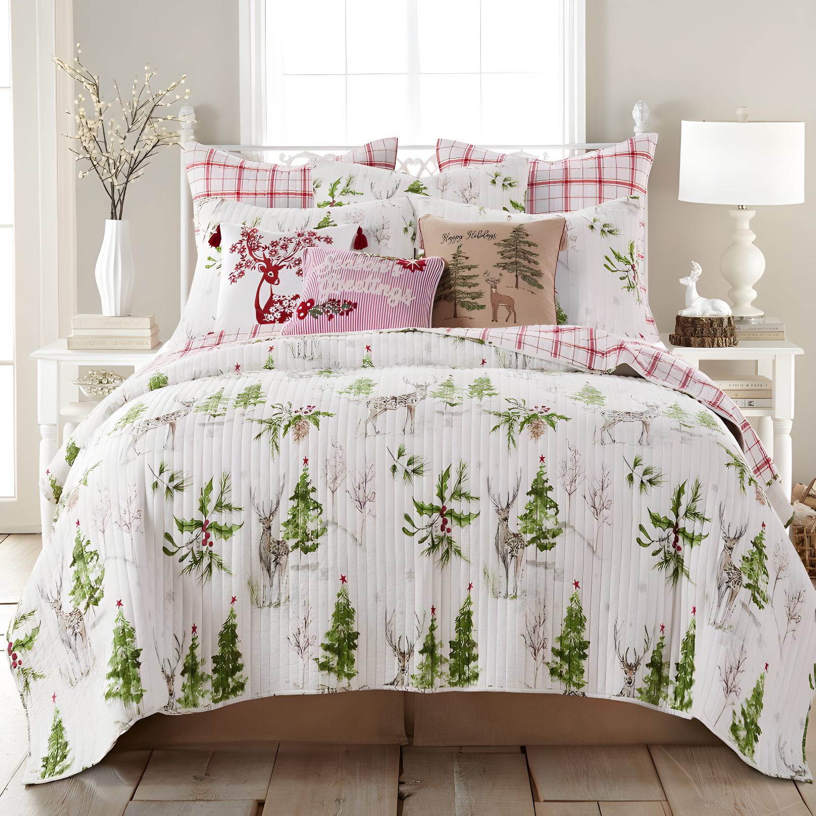 Standard Villa Lugano Sleigh Bells Sham White/Green/Red - Levtex Home: Reindeer Design, Tie Closure