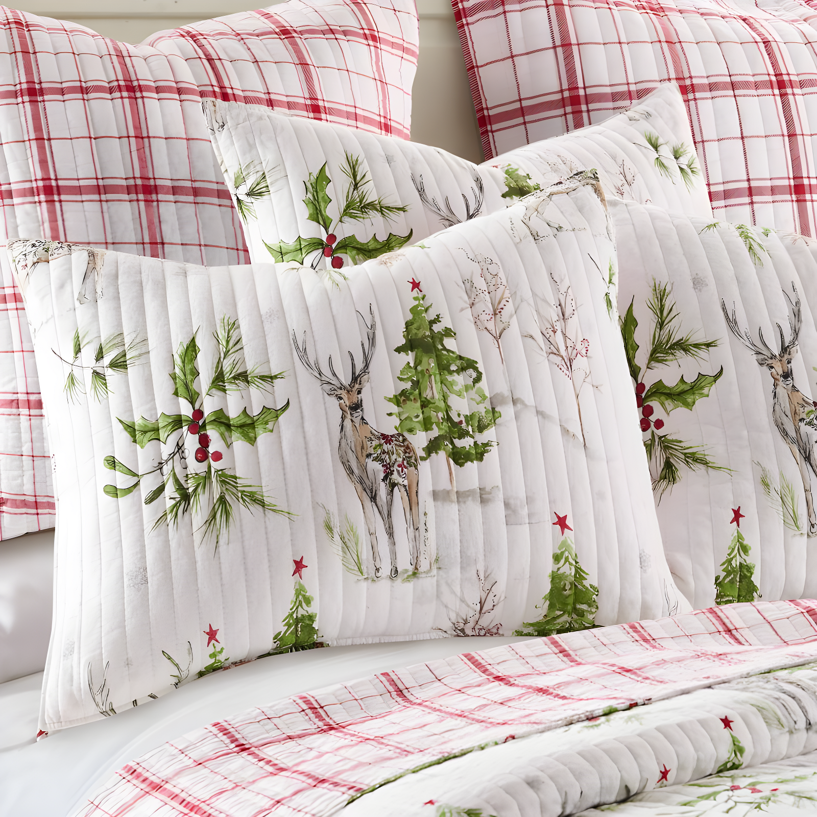 Standard Villa Lugano Sleigh Bells Sham White/Green/Red - Levtex Home: Reindeer Design, Tie Closure