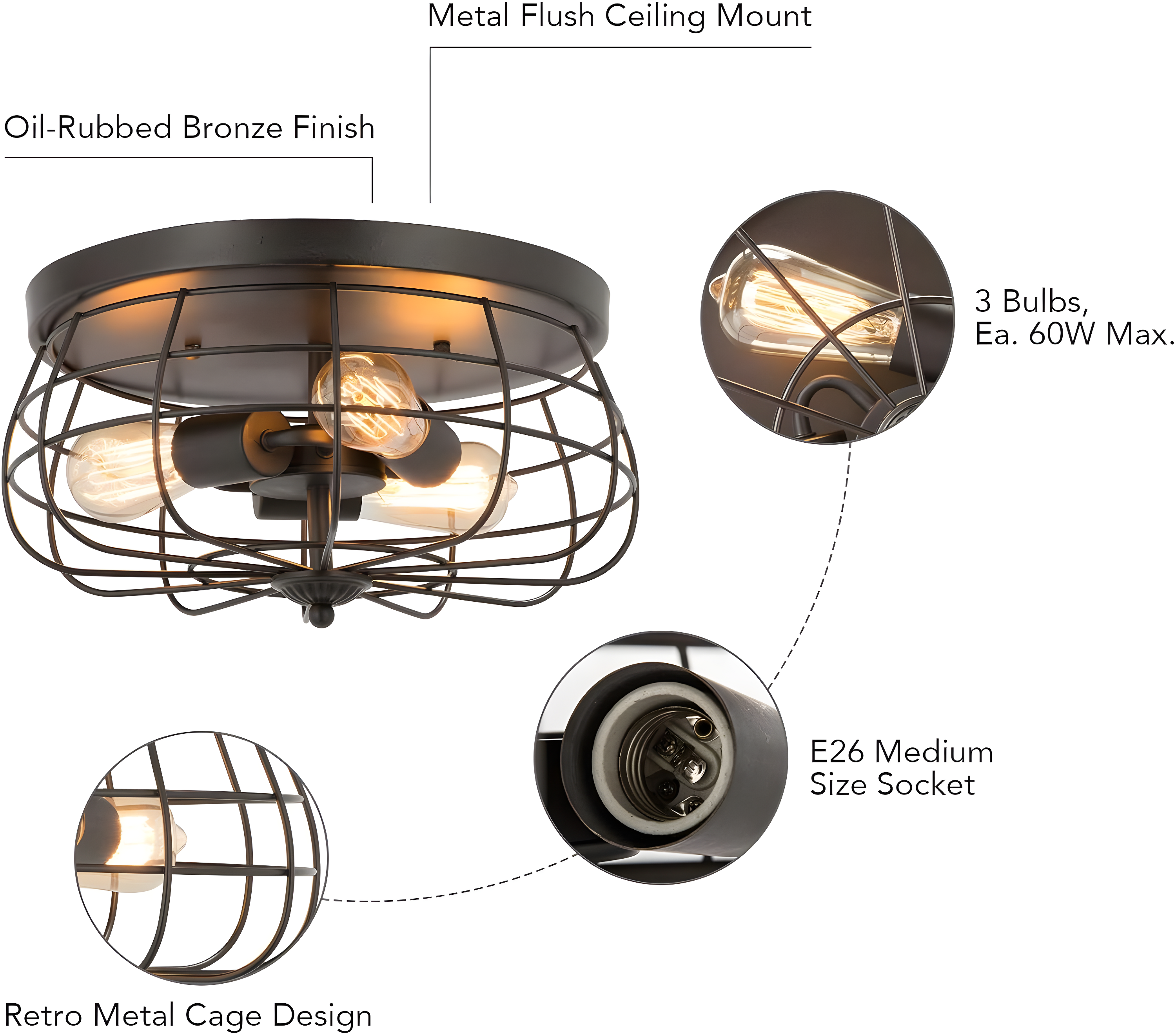 VONLUCE Flush Mount Ceiling Lights, 2-Light Hallway Ceiling Lighting Fixtures, 11 inch Farmhouse Metal Cage Ceiling Lights for Entryway Kitchen, Adjustable Lamp Holders, ETL, 2 pcs, Oil-Rubbed Bronze