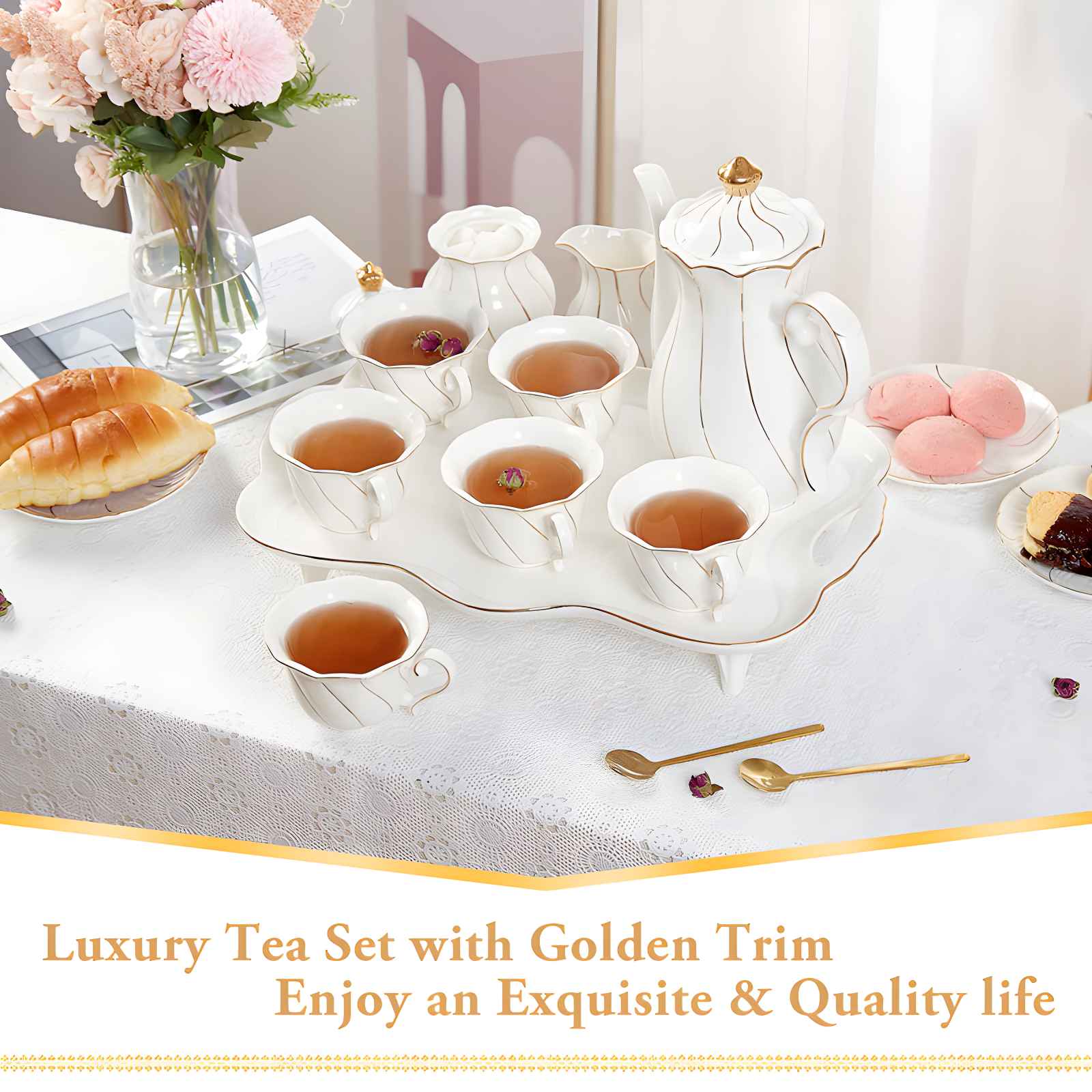 Red Barrel Studio® 14 Pcs Tea Set For 6 With Tea Tray & Spoons, Luxury British Style Tea/Coffee Cup Set With Golden Trim, Beautiful Porcelain Tea Set For Living Room Decor, Tea Party Set, Gift Package - White